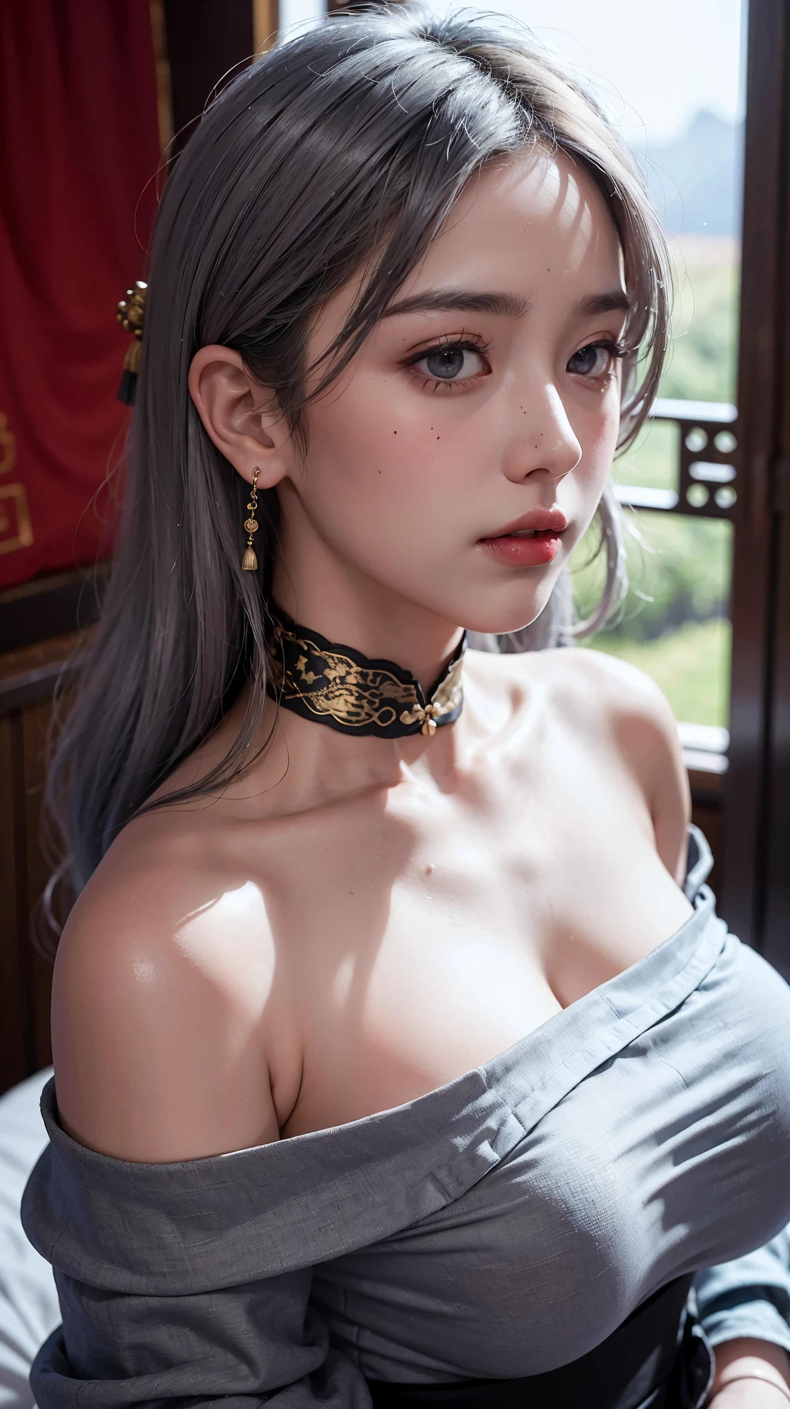 best quality, masterpiece, ultra high res, (photorealistic:1.4), 1girl, off-shoulder shirt, ((traditional chinese dress:1)), black choker, (faded ash gray hair:1), (huge breasts:1.2), looking at viewer, closeup, depth of field, bokeh 