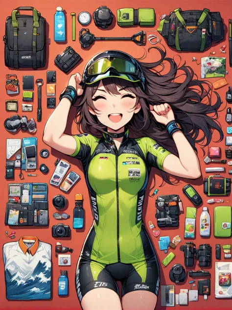 Asian face young girl,laughing expressin,Perfect body,road bike clothing,gear and
accessories,knolling layout organized on a tab...