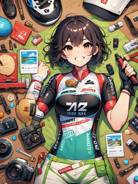 Asian face young girl,laughing expressin,Perfect body,road bike clothing,gear and
accessories,knolling layout organized on a tab...