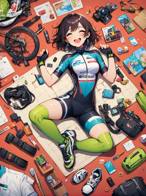 Asian face young girl,laughing expressin,Perfect body,road bike clothing,gear and
accessories,knolling layout organized on a tab...