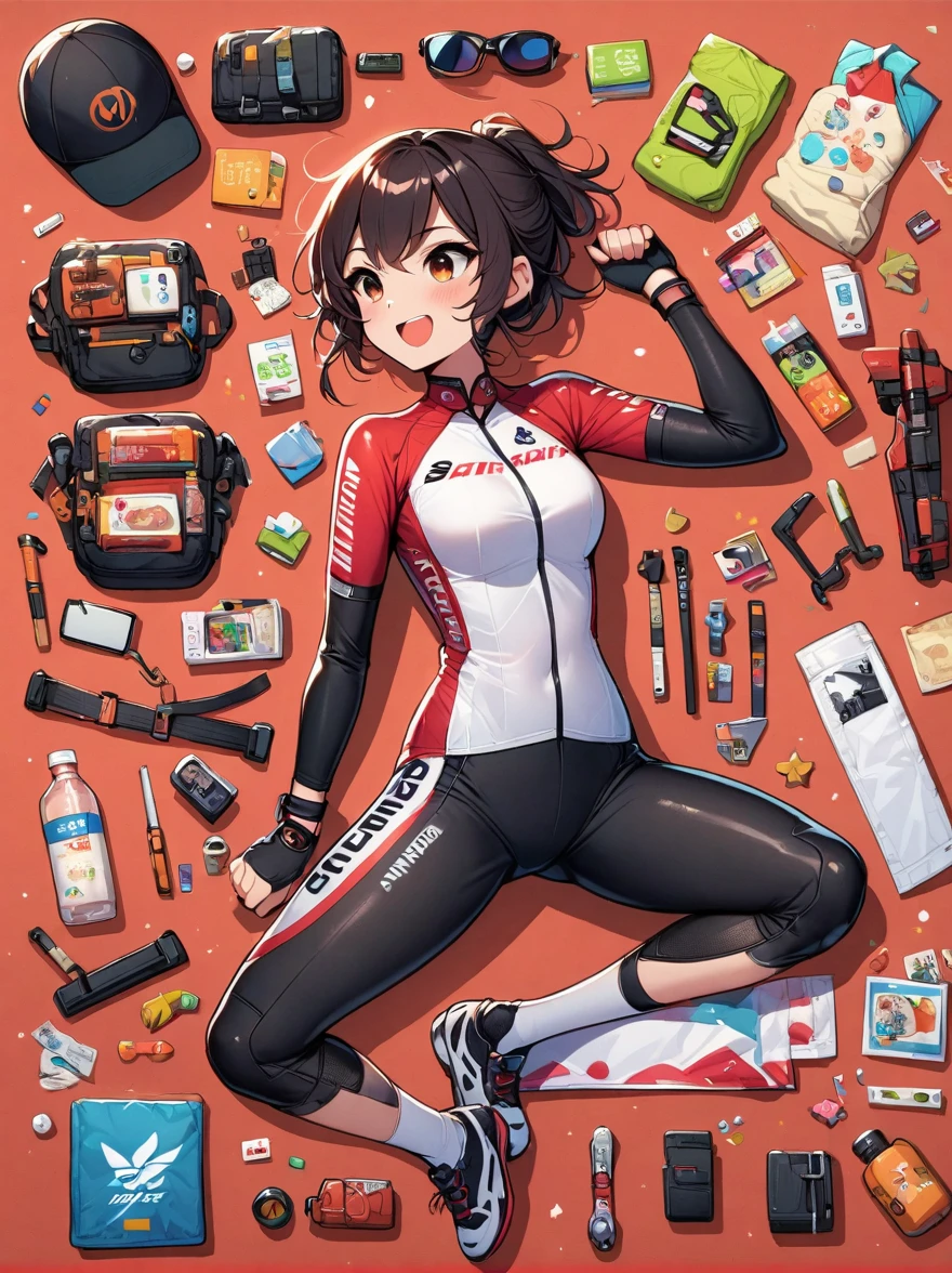 Asian face young girl,laughing expressin,Perfect body,road bike clothing,gear and
accessories,knolling layout organized on a table,person,knolling, Cartoon, pure red background