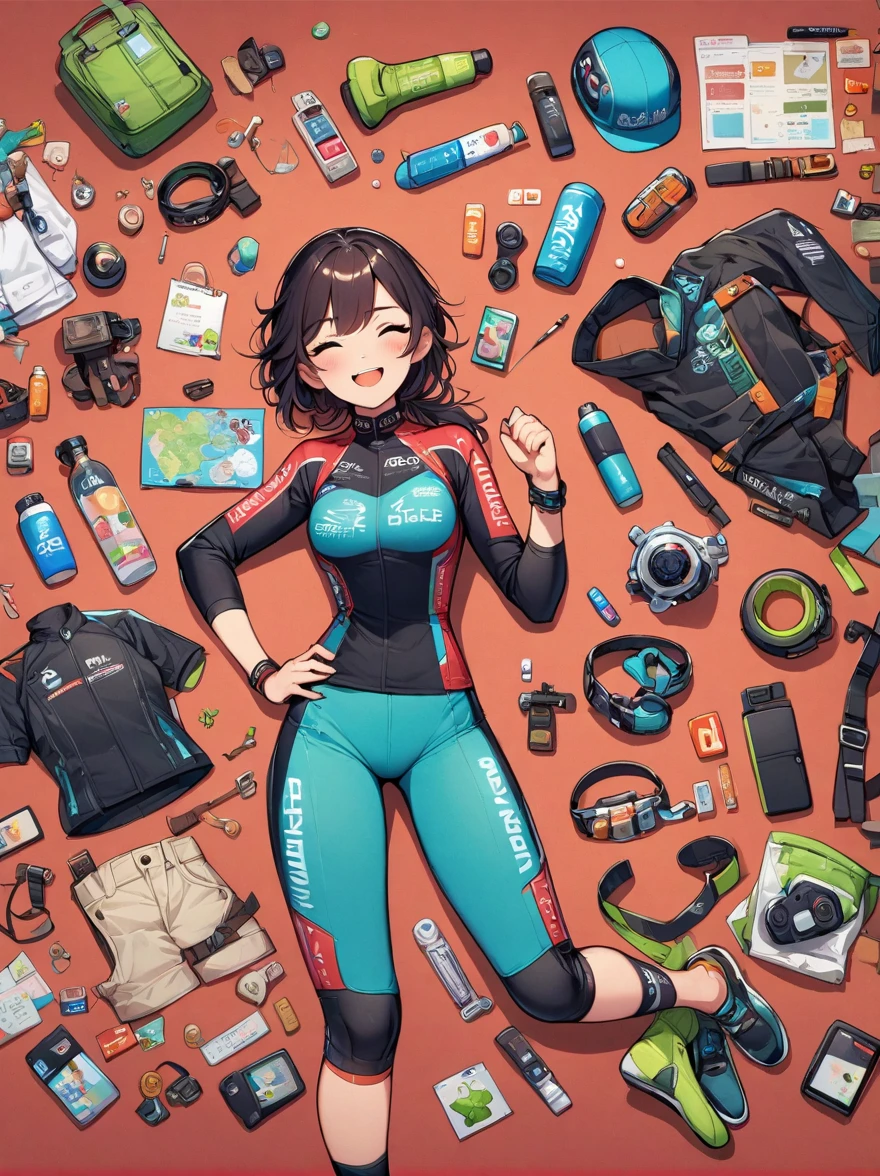 Cara asiática joven,riendo expresando,cuerpo perfecto,ropa de bicicleta de carretera,equipo y accesorios,diseño de knolling organizado en una mesa,person,knolling, Dibujos animados, Fondo rojo puro