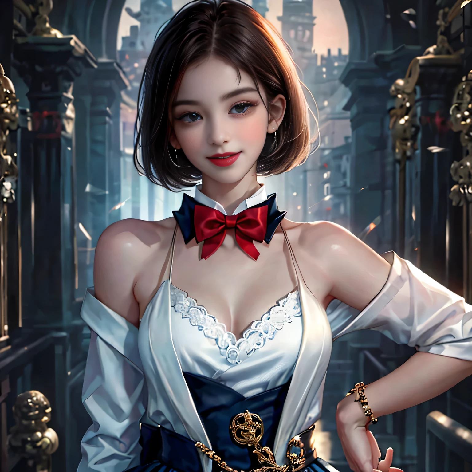 ((Girls standing in front of the school gate)),((white blazer、emblem on the chest))、(white blouse）、（red bow tie）、（dark blue checked skirt). 40k, photo shoot, table top, highest quality,, ((1 girl with beautiful eyes、Brown Light、short hair, . white skin, various poses. highest quality,, ultra high resolution, (realistic:1.4), Raw photo, (perfect body shape), (slim:1.3), slim belly, Perfect slim figure, dynamic pose,girls, Cold light 12000K, very detailed facial and skin texture, fine eyes, realistic eyes, fine and beautiful eyes, (realistic skin), charm, 超A high resolution, Super realistic, very detailed,smile