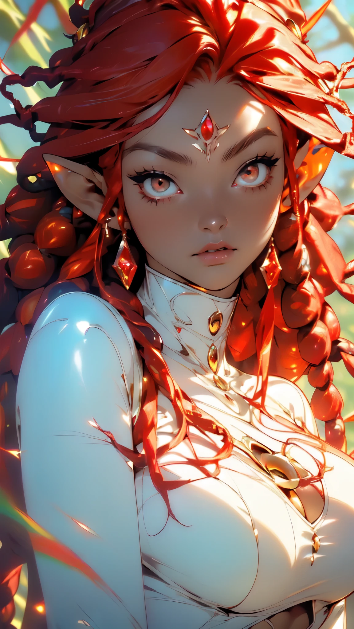 cute oppai elf,(((little mature woman,oppai body,little))),(((50 years old))),((anime elf oppai with extremely cute and beautiful orange hair)), (((elf))), (((elf ears))),((huge antlers:1.2,)) (((Giant Breasted Girl))),((((Bright red hair:1.35,dreadlocks long Bright red hair,red hair,very long hair,long dreadlocks,colored inner hair,ear breathing)))),((bright_red_eyes:1.3))),intricate eyes,beautiful detailed eyes,symmetrical eyes,(((lustrous skin:1.5,bright skin: 1.5,skin tanned,shiny skin,very shiny skin,shiny body,plastic glitter skin,exaggerated shiny skin,illuminated skin))),(detailed body,(detailed face)), c