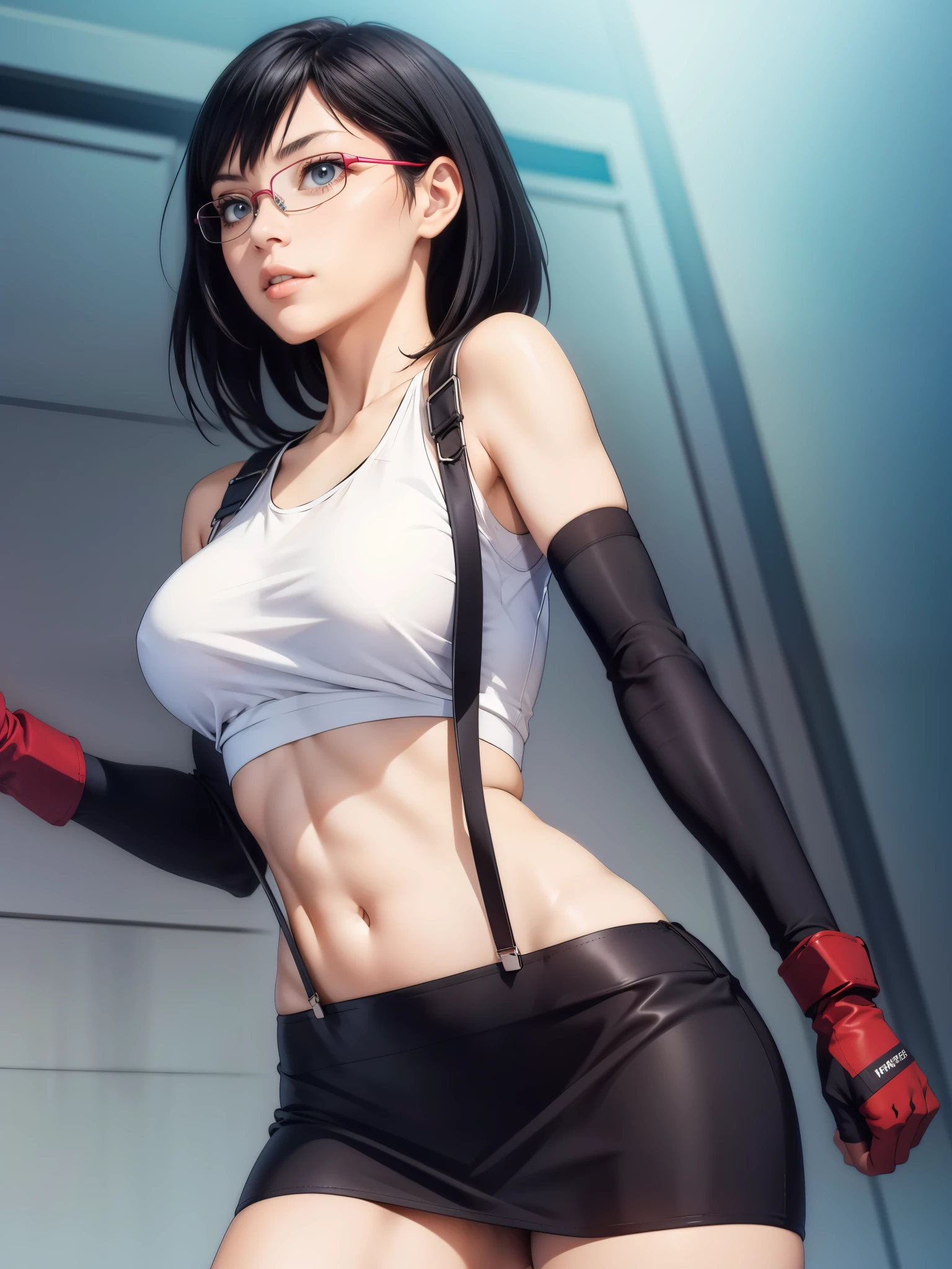 perfect eyes:1.2, detailed eyes:1.4, black hair, grey eyes, large breasts, rimless eyewear, glasses, medium hair, white crop top, suspenders, black miniskirt, pencil skirt, arm warmers, elbow gloves, elbow pads, red gloves, 1girl, solo, (masterpiece:1.6, best quality),
