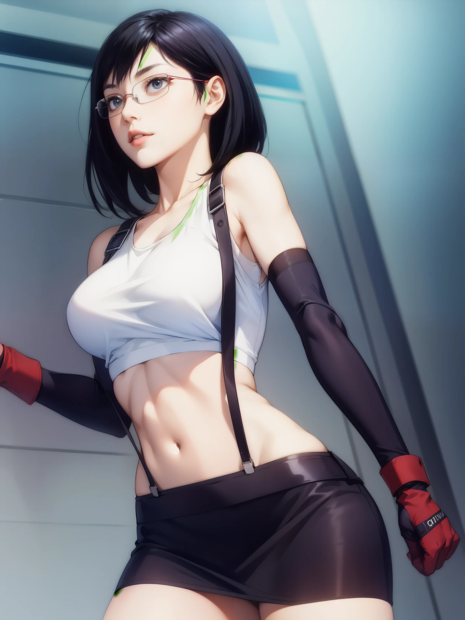 perfect eyes:1.2, detailed eyes:1.4, black hair, grey eyes, large breasts, rimless eyewear, glasses, medium hair, white crop top, suspenders, black miniskirt, pencil skirt, arm warmers, elbow gloves, elbow pads, red gloves, 1girl, solo, (masterpiece:1.6, best quality),
