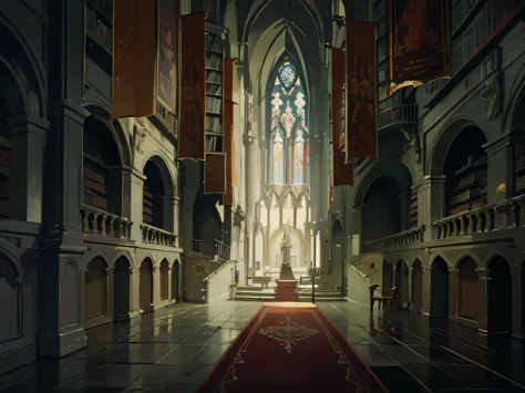 There is a long hallway with red carpet and large windows, with a cathedral background, interior background art, anime scenery c...