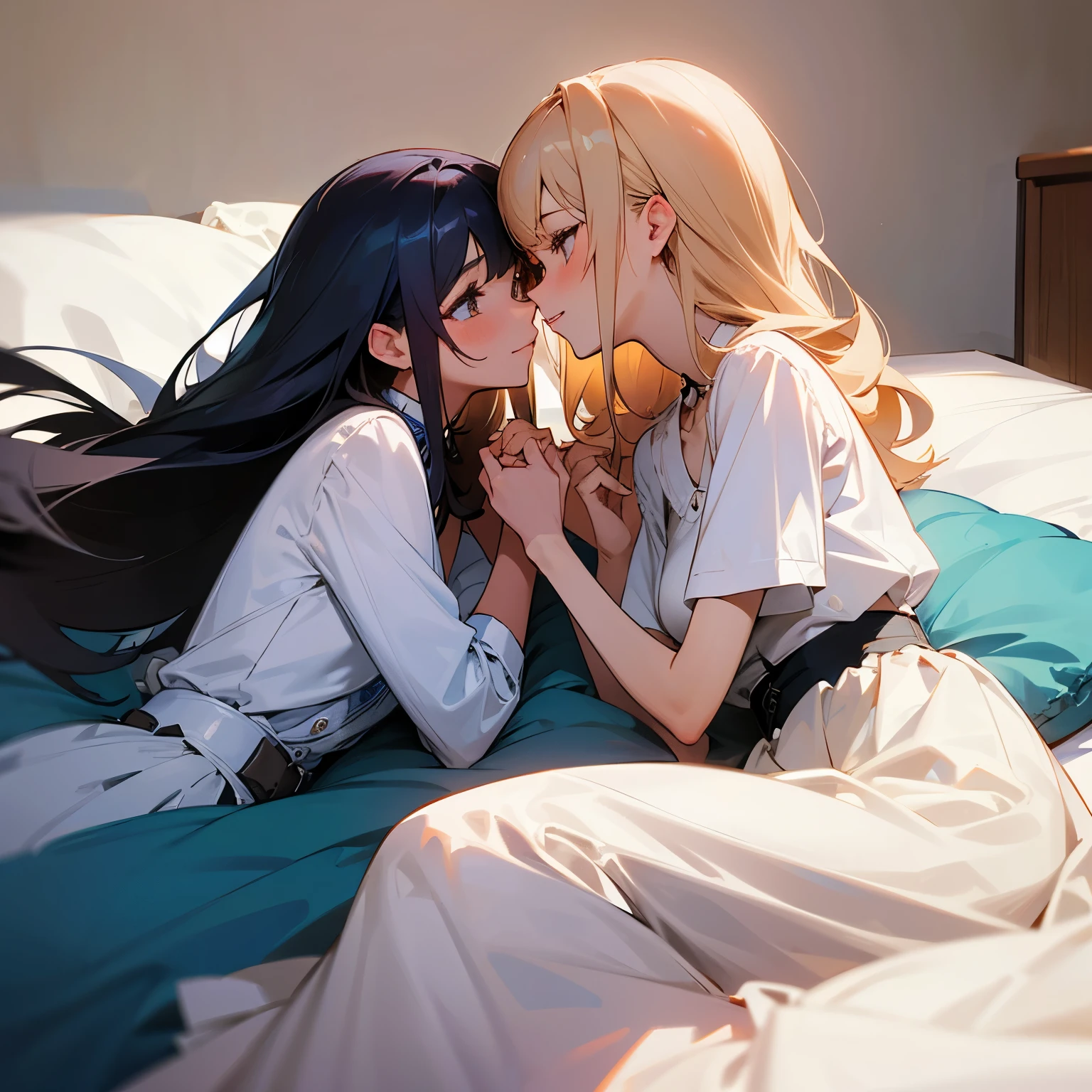 Anime couple kissing on bed with blue sheets and white sheets - SeaArt AI