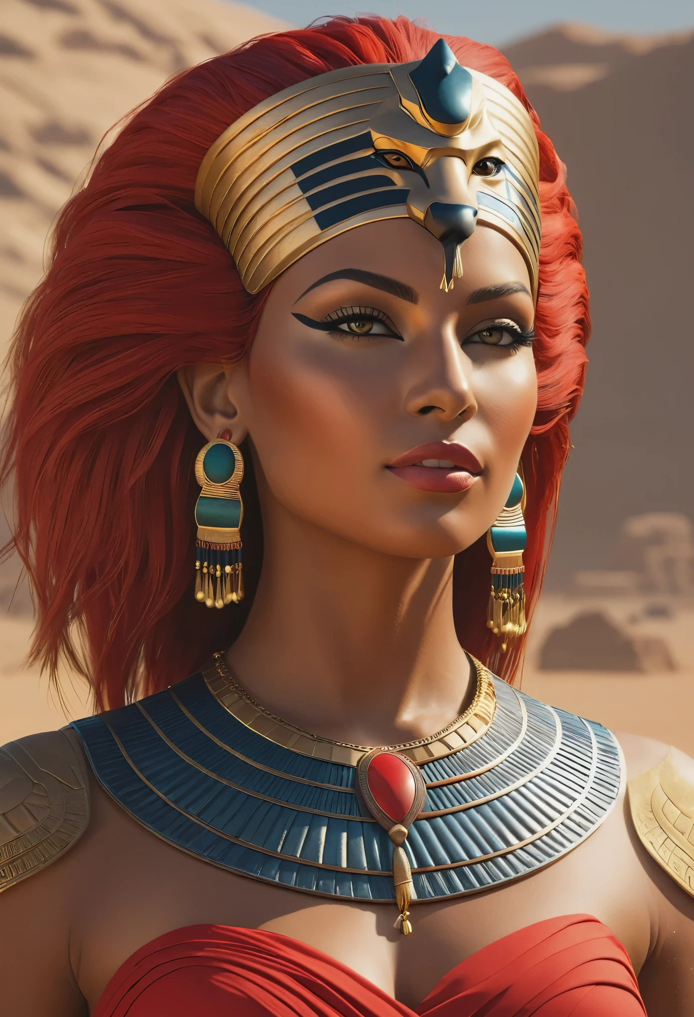 Créez une ultra haute résolution, Chef-d&#39;œuvre détaillé en 4K CG de Sekhmet, dépeinte comme une superbe femme moderne avec une tête de félin et des cheveux roux vifs, capturer l&#39;esprit de la mythologie égyptienne. Elle doit être ornée d&#39;une couronne de pharaon et porter une tenue contemporaine avec des éléments égyptiens traditionnels.. Le décor est un vaste désert, incarnant un mélange d’esthétique ancienne et moderne. La composition doit être centrée avec un focus sur le visage de Sekhmet, soulignant ses caractéristiques dans une plage dynamique élevée (HDR) qualité et à 600 DPI.