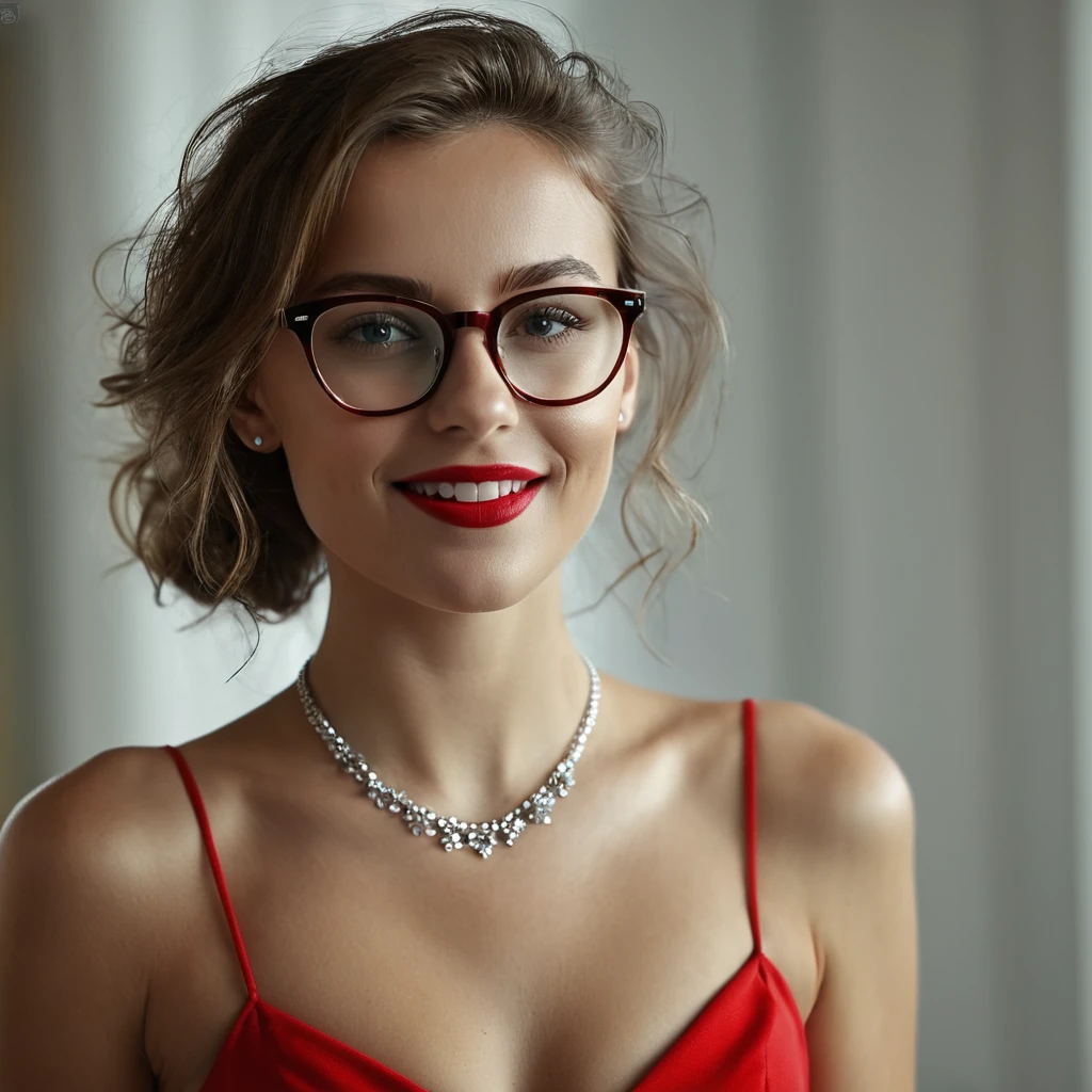 (8K, Masterpiece, RAW photo, Best quality, detail:1.3), (ultra realistic:1.4, scenary, 8K), Depth of field, Cinematic light, Lens flare, Ray tracing, (ultra realistic face), 1girl, (Beautiful and elegant Russian girl), (tight red mini dress:1.4), (athletic girl with glasses), (European face:1.3), (natural abs exposed), (full body:1.3), (tight small gloves:1.2), (small necklace, collarbone:1.2), (messy hair), (detailed skin:1.3), red lipstick, smile