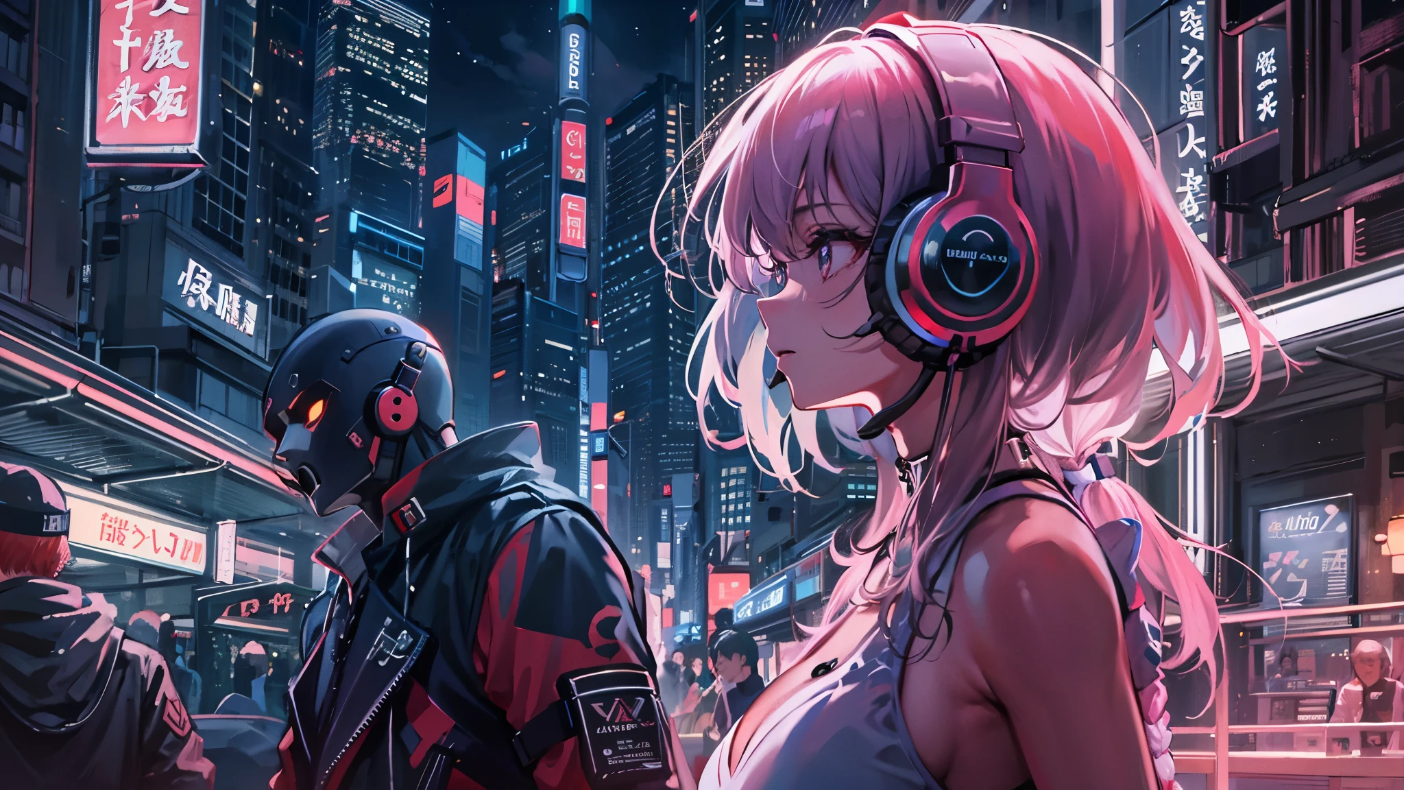 masterpiece,Anime-style illustration showing a young woman in her 20s wearing a futuristic plunging outfit, facing right, Stand in the middle of the street in a cyberpunk nightlife district. sheはピンクがかった黒髪の長い髪を持っています、Wearing pink glowing headphones. big breasts、she&#39;You&#39;re still looking up at the starry sky, but、sheの視線と体はフレームの右側を向いています. The scene should be lively, Reflects a cyberpunk aesthetic, ネオンと未来的な建物がsheを取り囲んでいます. The hustle and bustle of the city continues, but、sheは&#39;peace in the midst of chaos, Immerse yourself in the sights and sounds of the night. In the image、Must capture the calm sky above and the vibrant urban environment。, sheの新しい方向性を強調する.
