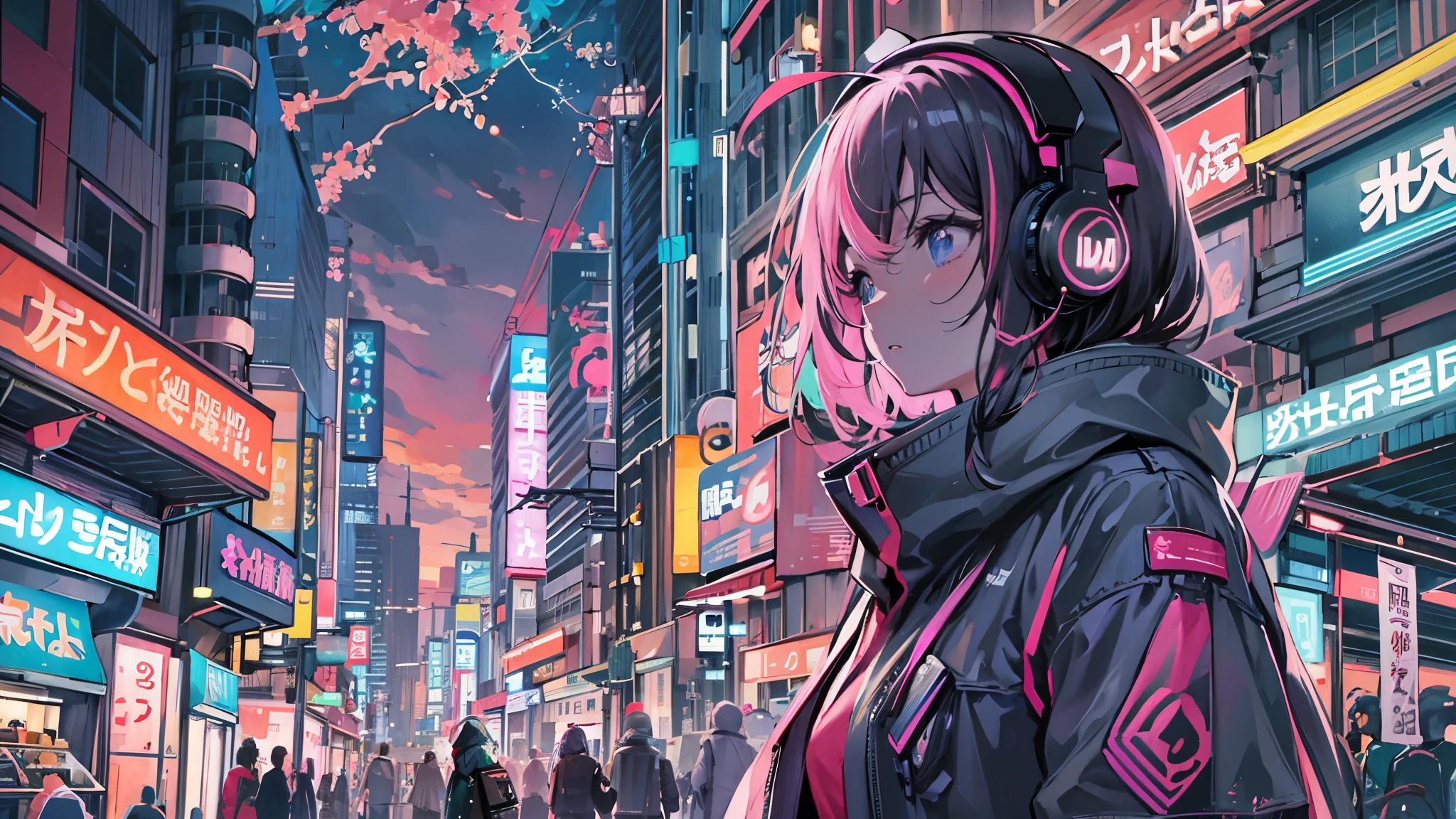 masterpiece,Anime-style illustration showing a young woman in her 20s wearing a futuristic plunging outfit, facing right, Stand in the middle of the street in a cyberpunk nightlife district. sheはピンクがかった黒髪の長い髪を持っています、Wearing pink glowing headphones. big breasts、she&#39;You&#39;re still looking up at the starry sky, but、sheの視線と体はフレームの右側を向いています. The scene should be lively, Reflects a cyberpunk aesthetic, ネオンと未来的な建物がsheを取り囲んでいます. The hustle and bustle of the city continues, but、sheは&#39;peace in the midst of chaos, Immerse yourself in the sights and sounds of the night. In the image、Must capture the calm sky above and the vibrant urban environment。, sheの新しい方向性を強調する.
