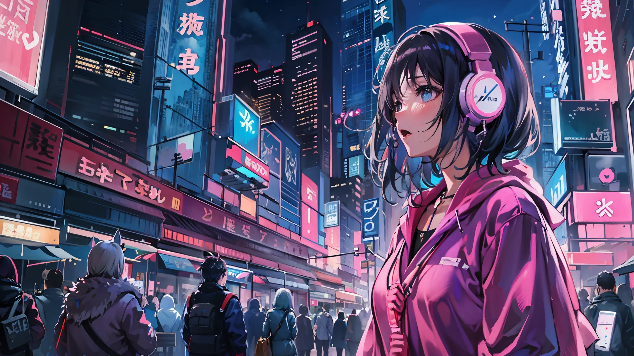 masterpiece,Anime-style illustration showing a young woman in her 20s wearing a futuristic plunging outfit, facing right, Stand in the middle of the street in a cyberpunk nightlife district. sheはピンクがかった黒髪の長い髪を持っています、Wearing pink glowing headphones. big breasts、she&#39;You&#39;re still looking up at the starry sky, but、sheの視線と体はフレームの右側を向いています. The scene should be lively, Reflects a cyberpunk aesthetic, ネオンと未来的な建物がsheを取り囲んでいます. The hustle and bustle of the city continues, but、sheは&#39;peace in the midst of chaos, Immerse yourself in the sights and sounds of the night. In the image、Must capture the calm sky above and the vibrant urban environment。, sheの新しい方向性を強調する.
