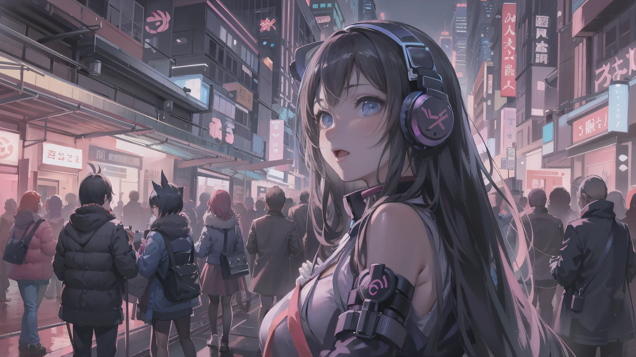 masterpiece,Anime-style illustration showing a young woman in her 20s wearing a futuristic plunging outfit, facing right, Stand in the middle of the street in a cyberpunk nightlife district. sheはピンクがかった黒髪の長い髪を持っています、Wearing pink glowing headphones. big breasts、she&#39;You&#39;re still looking up at the starry sky, but、sheの視線と体はフレームの右側を向いています. The scene should be lively, Reflects a cyberpunk aesthetic, ネオンと未来的な建物がsheを取り囲んでいます. The hustle and bustle of the city continues, but、sheは&#39;peace in the midst of chaos, Immerse yourself in the sights and sounds of the night. In the image、Must capture the calm sky above and the vibrant urban environment。, sheの新しい方向性を強調する.
