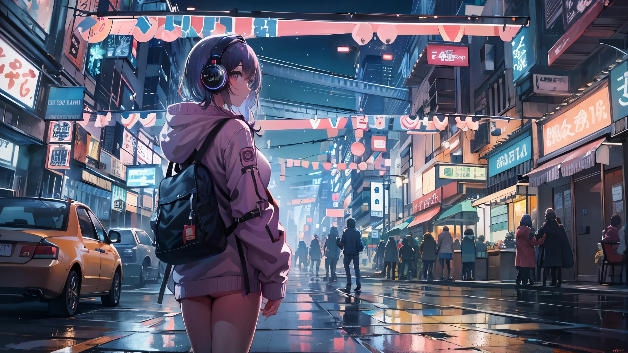 masterpiece,Anime-style illustration showing a young woman in her 20s wearing a futuristic plunging outfit, facing right, Stand in the middle of the street in a cyberpunk nightlife district. sheはピンクがかった黒髪の長い髪を持っています、Wearing pink glowing headphones. big breasts、she&#39;You&#39;re still looking up at the starry sky, but、sheの視線と体はフレームの右側を向いています. The scene should be lively, Reflects a cyberpunk aesthetic, ネオンと未来的な建物がsheを取り囲んでいます. The hustle and bustle of the city continues, but、sheは&#39;peace in the midst of chaos, Immerse yourself in the sights and sounds of the night. In the image、Must capture the calm sky above and the vibrant urban environment。, sheの新しい方向性を強調する.
