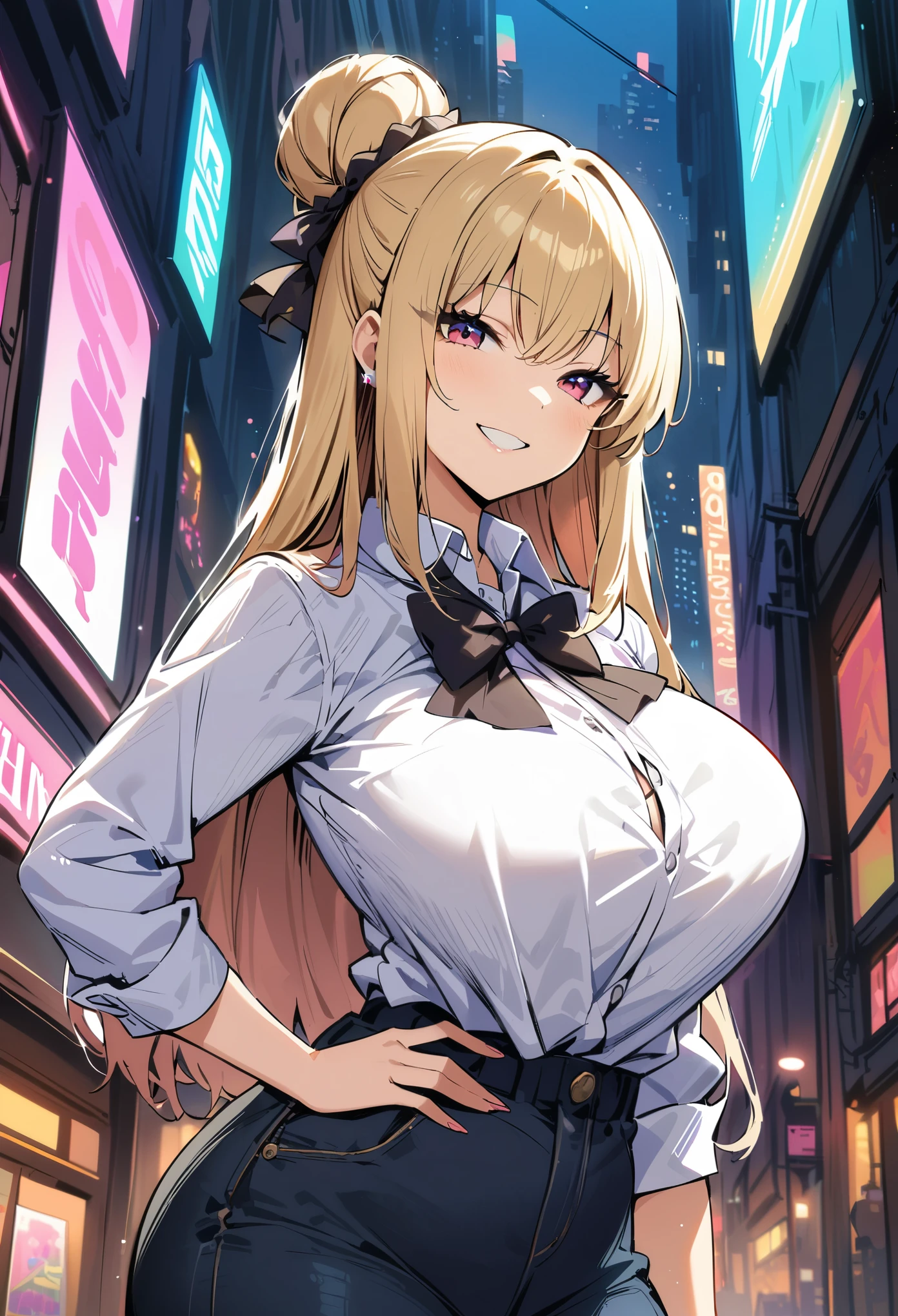 Cyberpunk City, Street, Night, neon light, neon sign, masterpiece, best quality, highres, JK,huge tit,1girls,black bow,black bowtie,blonde hair,bow,bowtie,breasts,hair bun,long hair,looking at viewer,shirt tucked in,Blue jeans, smile,tented shirt