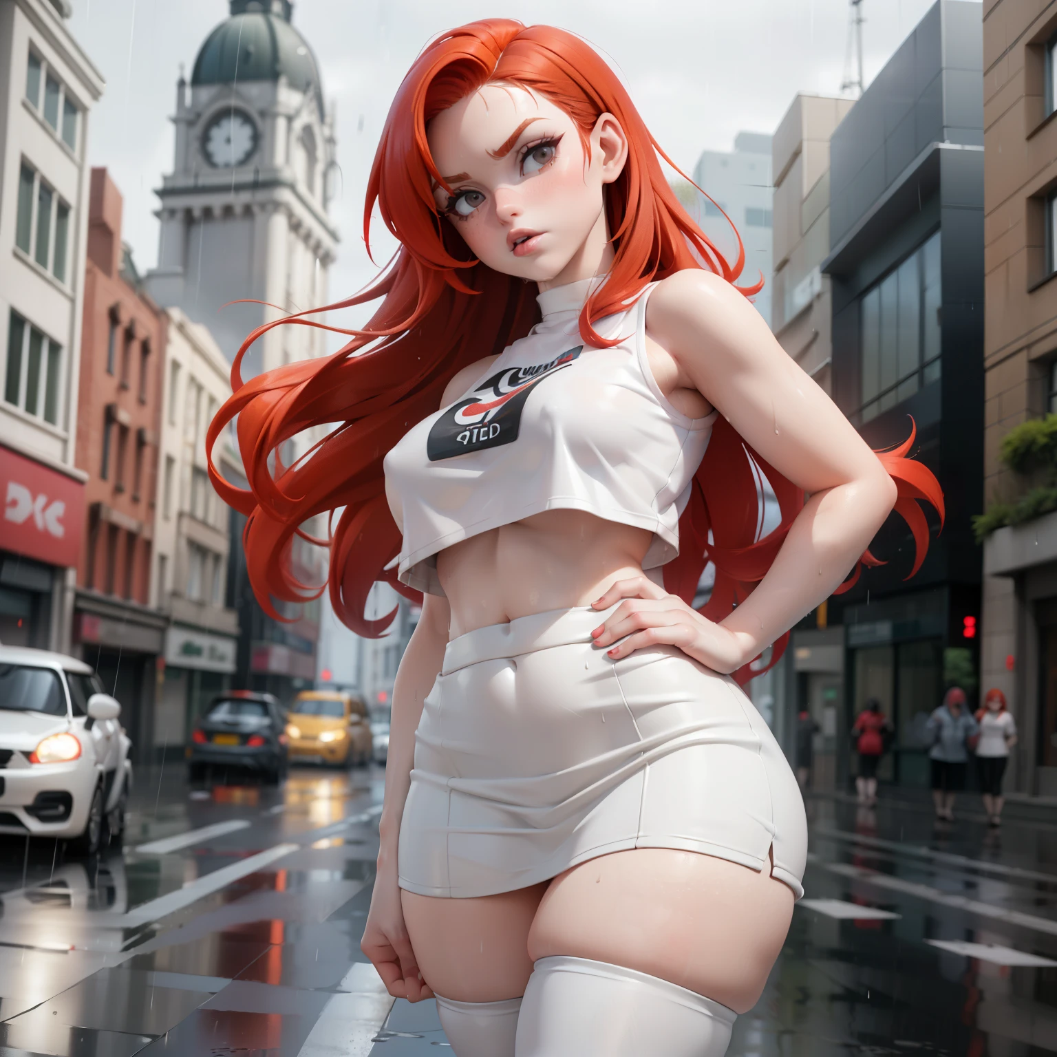 ((redhead teenager)), ((pale skin)), ((walking in Dublin)), ((tiny boobs:0.2)), ((straight, flat boobs)), ((extremely thick hips)), (( generous culottes)), ((thick legs)), ((fat thighs)), ((drenched white mini skirt)), ((white tank top with belly exposed)), ((red hair wet from the rain)), ((determined look)), ((rainy urban environment)), ((high definition)).