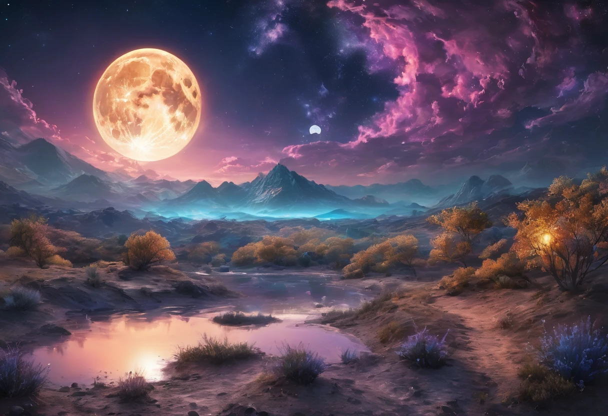 pond at night:1.5, (masterpiece),(Best Quality:1.0), (ultra high resolution:1.0), detailed illustration, detailed landscape, colores Vibrants, 8k, night, moon clouds, (( magical, beautiful:1.4 )) , (( Best Quality, Vibrant, 32k of well-defined light and shadows)).