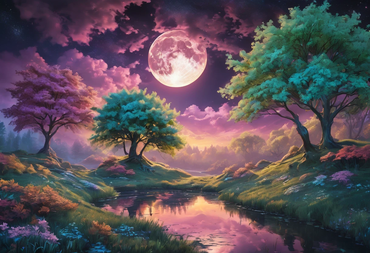 night pond:1.5, (masterpiece),(Best quality:1.0), (Ultra-high resolution:1.0), detailed illustration, detailed landscape, vibrant colors, 8K, night, moon clouds, (( magical, beautiful, trees:1.4 )), (( Best quality, vibrant, 32k light and well-defined shadows)).