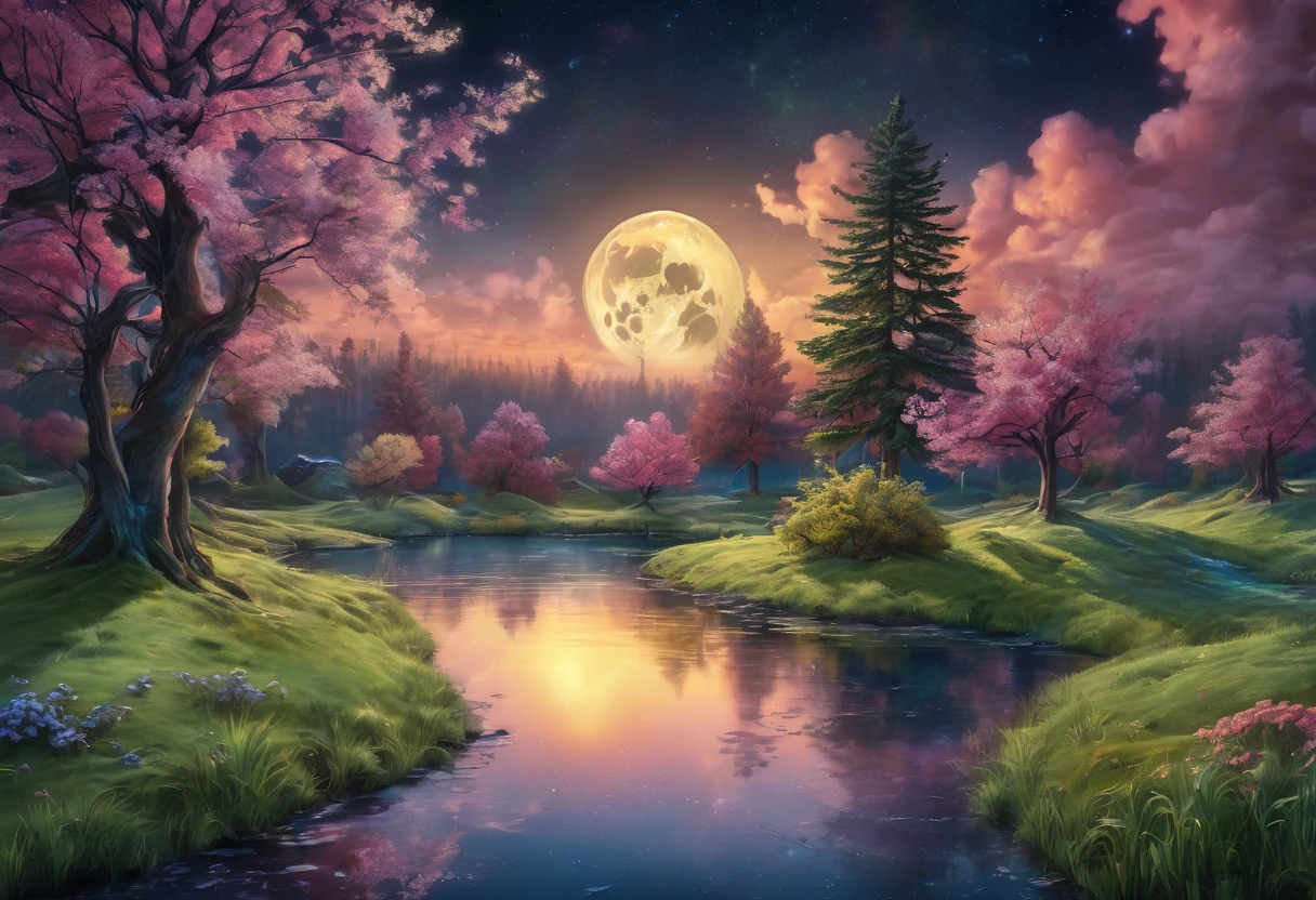 night pond:1.5, (masterpiece),(Best quality:1.0), (Ultra-high resolution:1.0), detailed illustration, detailed landscape, vibrant colors, 8K, night, moon clouds, (( magical, beautiful, trees:1.4 )), (( Best quality, vibrant, 32k light and well-defined shadows)).