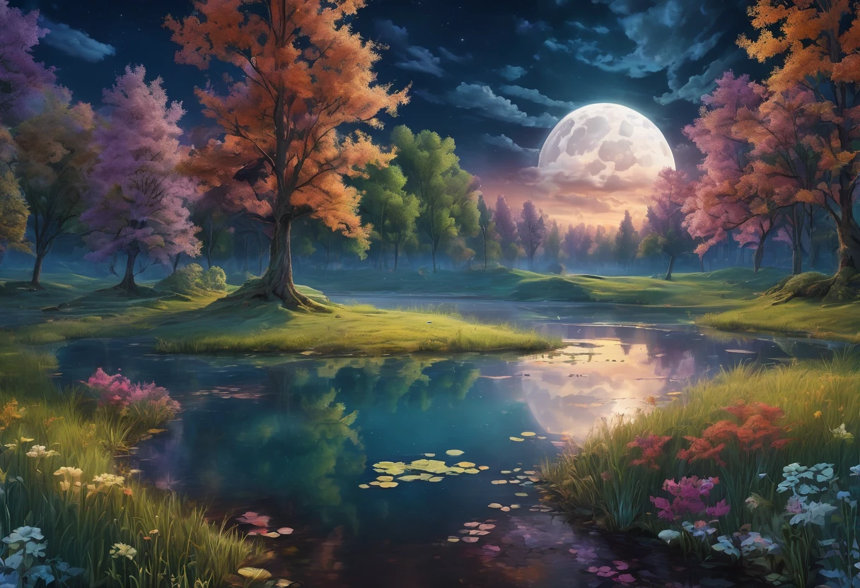 night pond:1.5, (masterpiece),(Best quality:1.0), (Ultra-high resolution:1.0), detailed illustration, detailed landscape, vibrant colors, 8K, night, moon clouds, (( magical, beautiful, trees:1.4 )), (( Best quality, vibrant, 32k light and well-defined shadows)).