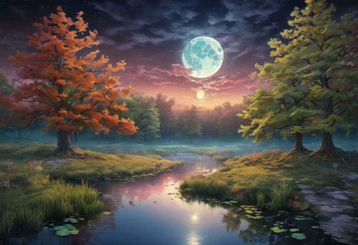 night pond:1.5, (masterpiece),(Best quality:1.0), (Ultra-high resolution:1.0), detailed illustration, detailed landscape, vibrant colors, 8K, night, moon clouds, (( magical, beautiful, trees:1.4 )), (( Best quality, vibrant, 32k light and well-defined shadows)).