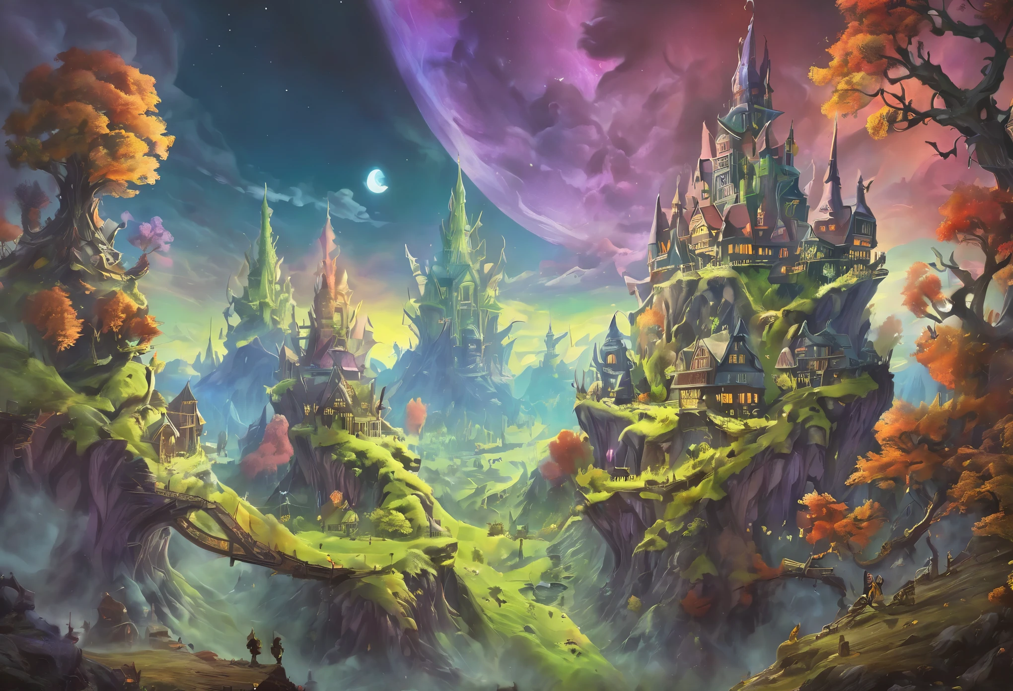 ((goblin town: 1.5)), (masterpiece), (Best quality: 1.0), (Ultra-high resolution: 1.0), detailed illustration, detailed landscape, vibrant colors, 8K, night, moon clouds, ((magical, beautiful , trees: 1.4 )), ((Best quality, vibrant, 32k light and well-defined shadows)).