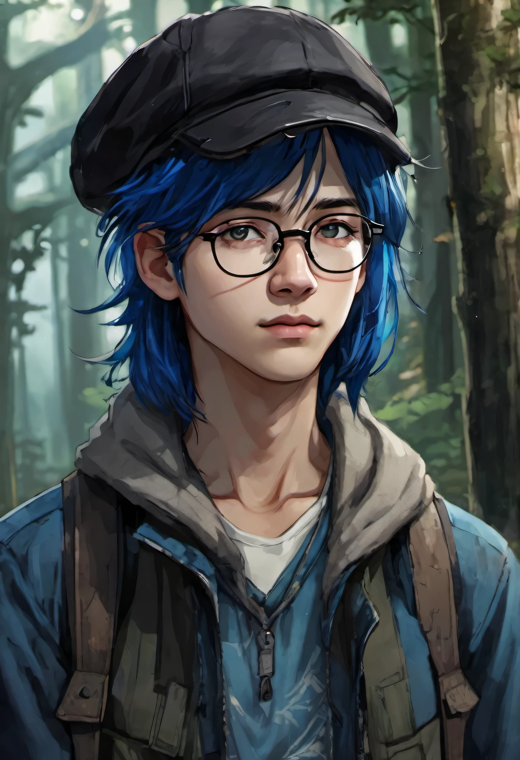 A boy with semi-long black hair and blue dyed tips with glasses and a black woolen hat and torn clothes must have a serious look in a gloomy forest 