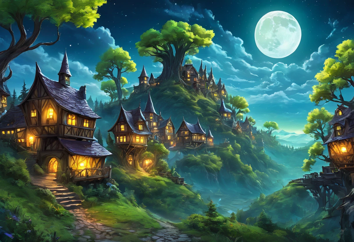 ((goblin town: 1.5)), (masterpiece), (Best quality: 1.0), (Ultra-high resolution: 1.0), detailed illustration, detailed landscape, vibrant colors, 8K, night, moon clouds, ((magical, beautiful , trees: 1.4 )), ((Best quality, vibrant, 32k light and well-defined shadows)).