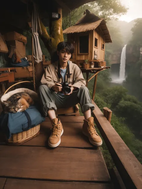 araffe sitting on a wooden platform with a cat in a basket, national geographic photoshoot, cinematic. by leng jun, atey ghailan...