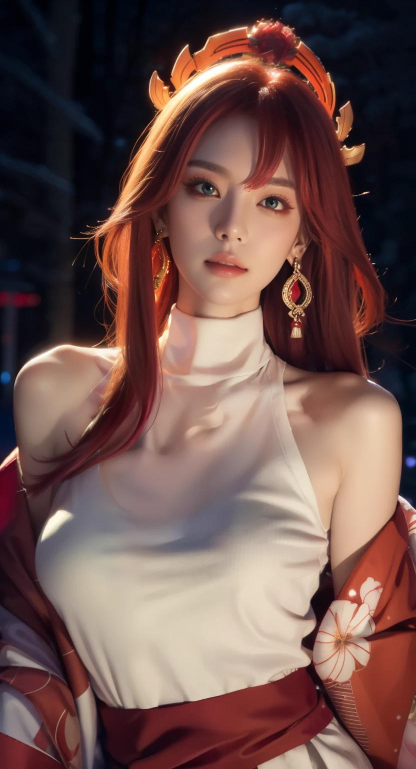 (Masterpiece, Excellent, 1girl, solo, complex details, color difference), realism, ((medium breath)), off-the-shoulders, big breasts, sexy, Yae Miko, long pink hair, red headdress, red highlight, hair above one eye, green eyes, earrings, sharp eyes, perfectly symmetrical figure, choker, neon shirt, open jacket, turtleneck sweater, graffiti, dim lighting, alley, ((mean, seductive, charming)), ((winter background))), ((japan background)))), (((luminous background))), (dynamic pose), (bend at the waist, bend down and look at viewer:1.1), tulle, bare shoulders, blooming flower fields, radiant skin, faint smile, sexy, bust, no breast cover, naked, cocked ass, tummy look