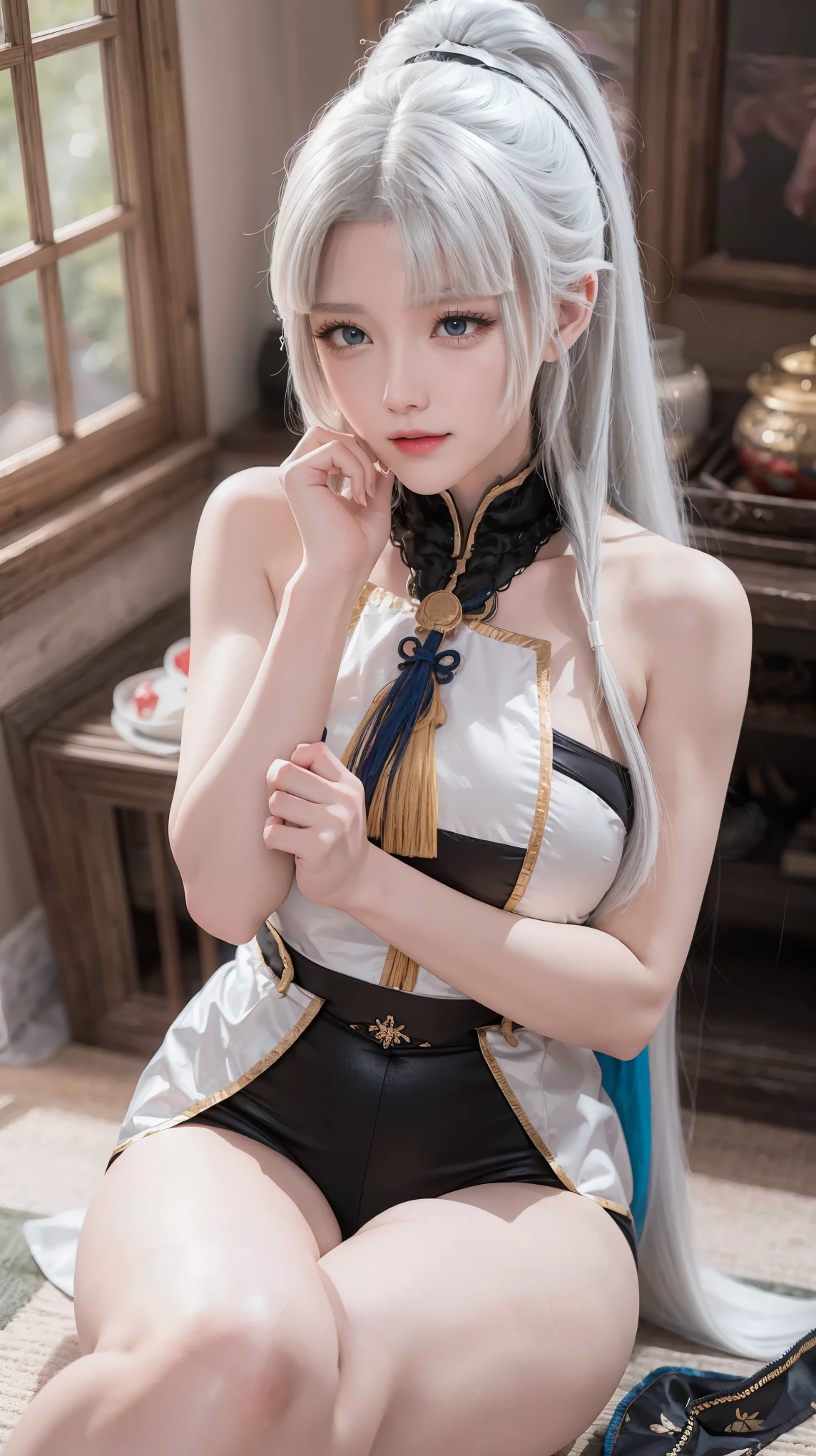 Walnut,vampire,assassin,charming,Mature,Sexy,thin,Qi bangs,long hair,天線Bangs,double tail,高double tail,Bangs cover one eye,frightened,angry,Smile,blush,red nose,drunk,eyes straight,exquisite eyes,red lips,perfect face,Cross your arms across your chest,暗Black皮肤,dynamic poses,fighting stance,near,school swimsuit,damaged clothing,Cloak,leather skirt,Black,,Spandex gloss,Laser reflective material,Detail background,气泡angry,bubble blush,heart-shaped,notes,Q version,official art,lifelike,movie angle,Dynamic angle,Horizontal viewing angle,depth of field,movie lighting,colorful,PBR rendering+UE pull,32k,High resolution,high quality,beautiful wallpaper,a white hair、Close-up of woman wearing white mask, beautiful figure painting, guweiz, Gurwitz style artwork, White-haired God, author：Yang Jie, Epic and beautiful character art, Stunning character art, author：FAN Qi, by Wuzhun Shifan, pixiv art station street guweiz, single ponytail, insult, high ponytail, tall figure, long legs, (sleeveless lace shirt), (shorts), (striped )), ((striped )), Walk, elegant, dignified, feminine, beautiful curves, sweet smile, Strong sense of detail and layering, colorful, Has a unique texture, rich and colorful, Color harmony, vivid, design art, 16K, super detailed, {{illustration}}, {extremely delicate and beautiful}, {Exquisite surface treatment}, super detailed, Exquisite glowing eyes, {{movie lighting}}, Extreme light effects, Model: realism, CFG size: 12, Laura: Bright texture (1.35), high quality, masterpiece, Exquisite facial features, Delicate hair depiction, Detailed depiction of eyes, masterpiece, best quality, Ray tracing, Extremely detailed CG unified 8K wallpaper, masterpiece, best quality, (1 girl), perfect female figure, (((White tight T-shirt))), beautiful eyes, (delicate face), Black短发, hair tied up, Light blue hairpins, (White skin), (best lighting), (Super intricate details), 4K unified, (super detailed CG), Showing white legs, , hot pants, shorts,best quality, High resolution, Unique image, 1 girl，armpit, Put your arms behind your head, Bangs, bare shoulders, blue footwear, blue hair, blue leggings, braid, Chest, 棕色lift your legs, shut your mouth, bench, Cover belly button, curtain, Split collar, earrings, Eyebrow suspenders visible through hair, gradient hair, green eyes, High heel, light blush, looking at the audience, messy hair, rich and colorful hair, on bench, sitting, alone, ,lift your legs,大long legs，Black