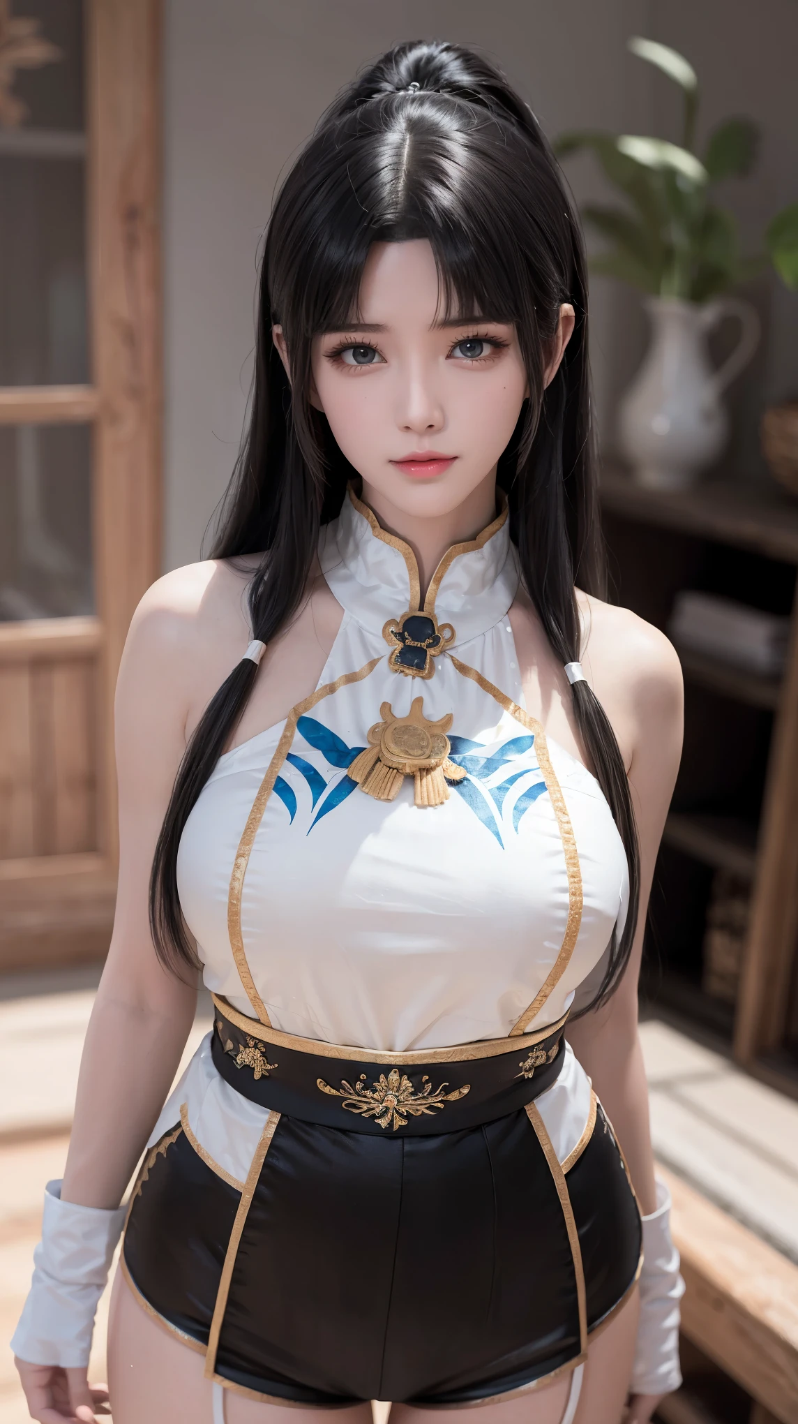 Walnut,vampire,assassin,charming,Mature,Sexy,thin,Qi bangs,long hair,天線Bangs,double tail,高double tail,Bangs cover one eye,frightened,angry,Smile,blush,red nose,drunk,eyes straight,exquisite eyes,red lips,perfect face,Cross your arms across your chest,暗Black皮肤,dynamic poses,fighting stance,near,school swimsuit,damaged clothing,Cloak,leather skirt,Black,,Spandex gloss,Laser reflective material,Detail background,气泡angry,bubble blush,heart-shaped,notes,Q version,official art,lifelike,movie angle,Dynamic angle,Horizontal viewing angle,depth of field,movie lighting,colorful,PBR rendering+UE pull,32k,High resolution,high quality,beautiful wallpaper,a white hair、Close-up of woman wearing white mask, beautiful figure painting, guweiz, Gurwitz style artwork, White-haired God, author：Yang Jie, Epic and beautiful character art, Stunning character art, author：FAN Qi, by Wuzhun Shifan, pixiv art station street guweiz, single ponytail, insult, high ponytail, tall figure, long legs, (sleeveless lace shirt), (shorts), (striped )), ((striped )), Walk, elegant, dignified, feminine, beautiful curves, sweet smile, Strong sense of detail and layering, colorful, Has a unique texture, rich and colorful, Color harmony, vivid, design art, 16K, super detailed, {{illustration}}, {extremely delicate and beautiful}, {Exquisite surface treatment}, super detailed, Exquisite glowing eyes, {{movie lighting}}, Extreme light effects, Model: realism, CFG size: 12, Laura: Bright texture (1.35), high quality, masterpiece, Exquisite facial features, Delicate hair depiction, Detailed depiction of eyes, masterpiece, best quality, Ray tracing, Extremely detailed CG unified 8K wallpaper, masterpiece, best quality, (1 girl), perfect female figure, (((White tight T-shirt))), beautiful eyes, (delicate face), Black短发, hair tied up, Light blue hairpins, (White skin), (best lighting), (Super intricate details), 4K unified, (super detailed CG), Showing white legs, , hot pants, shorts,best quality, High resolution, Unique image, 1 girl，armpit, Put your arms behind your head, Bangs, bare shoulders, blue footwear, blue hair, blue leggings, braid, Chest, 棕色lift your legs, shut your mouth, bench, Cover belly button, curtain, Split collar, earrings, Eyebrow suspenders visible through hair, gradient hair, green eyes, High heel, light blush, looking at the audience, messy hair, rich and colorful hair, on bench, sitting, alone, ,lift your legs,大long legs，Black