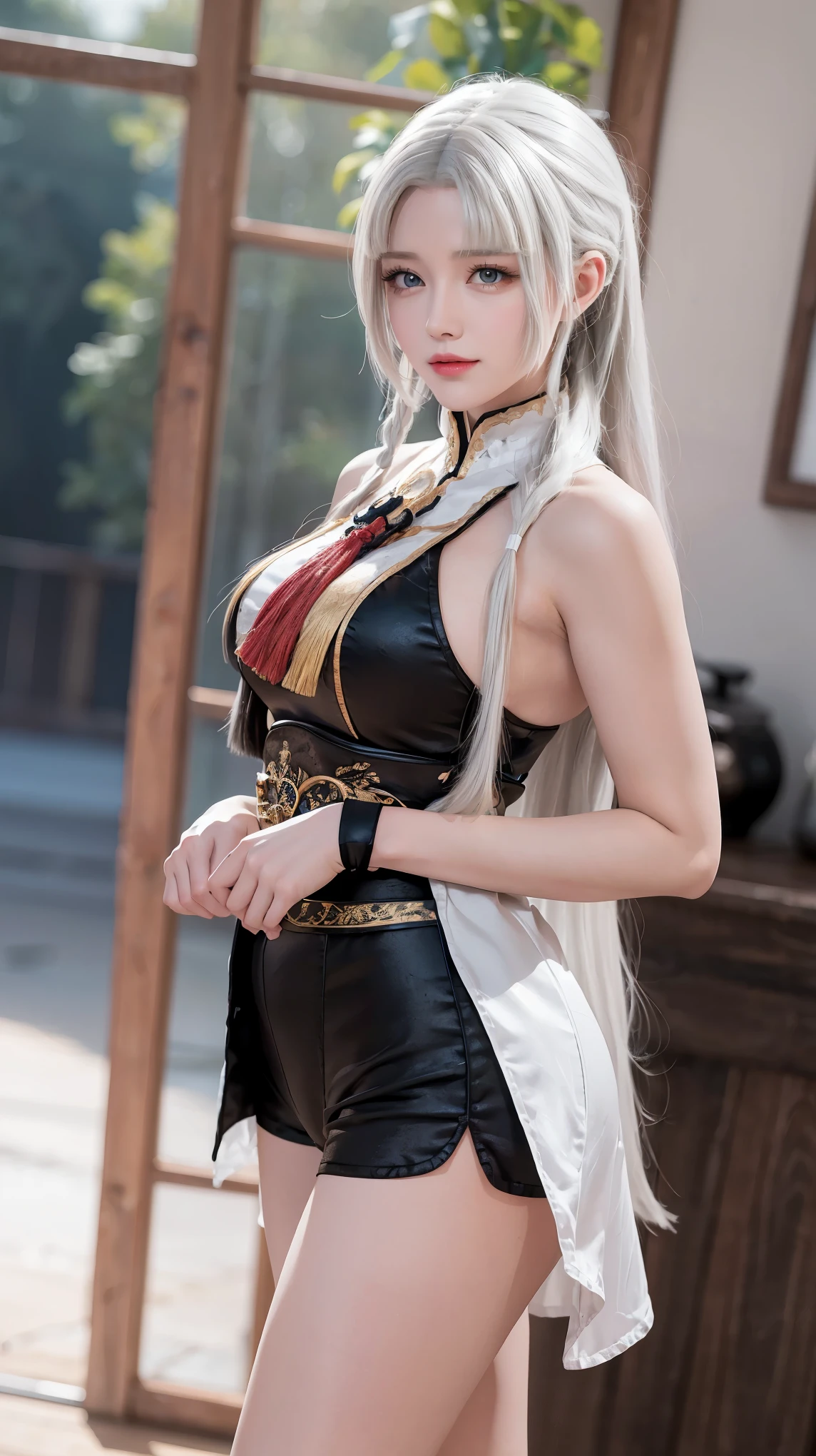 Walnut,vampire,assassin,charming,Mature,Sexy,thin,Qi bangs,long hair,天線Bangs,double tail,高double tail,Bangs cover one eye,frightened,angry,Smile,blush,red nose,drunk,eyes straight,exquisite eyes,red lips,perfect face,Cross your arms across your chest,暗Black皮肤,dynamic poses,fighting stance,near,school swimsuit,damaged clothing,Cloak,leather skirt,Black,,Spandex gloss,Laser reflective material,Detail background,气泡angry,bubble blush,heart-shaped,notes,Q version,official art,lifelike,movie angle,Dynamic angle,Horizontal viewing angle,depth of field,movie lighting,colorful,PBR rendering+UE pull,32k,High resolution,high quality,beautiful wallpaper,a white hair、Close-up of woman wearing white mask, beautiful figure painting, guweiz, Gurwitz style artwork, White-haired God, author：Yang Jie, Epic and beautiful character art, Stunning character art, author：FAN Qi, by Wuzhun Shifan, pixiv art station street guweiz, single ponytail, insult, high ponytail, tall figure, long legs, (sleeveless lace shirt), (shorts), (striped )), ((striped )), Walk, elegant, dignified, feminine, beautiful curves, sweet smile, Strong sense of detail and layering, colorful, Has a unique texture, rich and colorful, Color harmony, vivid, design art, 16K, super detailed, {{illustration}}, {extremely delicate and beautiful}, {Exquisite surface treatment}, super detailed, Exquisite glowing eyes, {{movie lighting}}, Extreme light effects, Model: realism, CFG size: 12, Laura: Bright texture (1.35), high quality, masterpiece, Exquisite facial features, Delicate hair depiction, Detailed depiction of eyes, masterpiece, best quality, Ray tracing, Extremely detailed CG unified 8K wallpaper, masterpiece, best quality, (1 girl), perfect female figure, (((White tight T-shirt))), beautiful eyes, (delicate face), Black短发, hair tied up, Light blue hairpins, (White skin), (best lighting), (Super intricate details), 4K unified, (super detailed CG), Showing white legs, , hot pants, shorts,best quality, High resolution, Unique image, 1 girl，armpit, Put your arms behind your head, Bangs, bare shoulders, blue footwear, blue hair, blue leggings, braid, Chest, 棕色lift your legs, shut your mouth, bench, Cover belly button, curtain, Split collar, earrings, Eyebrow suspenders visible through hair, gradient hair, green eyes, High heel, light blush, looking at the audience, messy hair, rich and colorful hair, on bench, sitting, alone, ,lift your legs,大long legs，Black