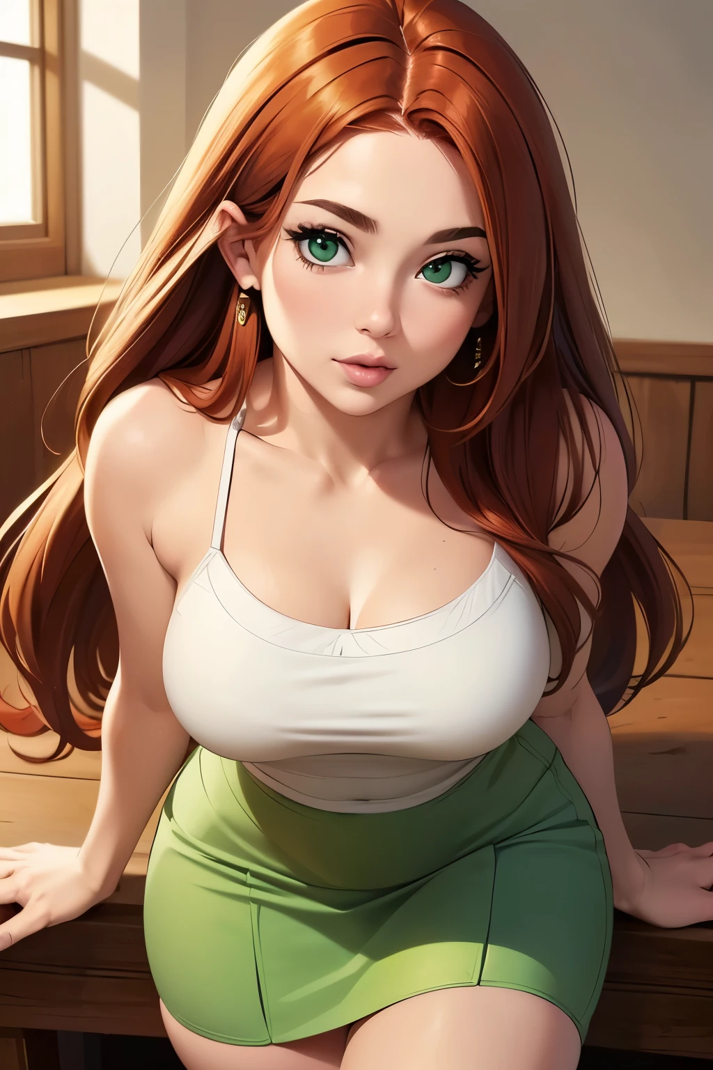 ((Solo)) ((Masterpiece)) ((High Quality)) ((Perfect Face)) ((Beautiful)) ((Round face)) ((Middle aged)) ((Auburn hair)) ((Long Hair)) ((Cute Nose)) ((Green Eyes)) ((Light Skin)) ((Camisole)) ((tight skirt)) ((Full lips)) Curvy figure 