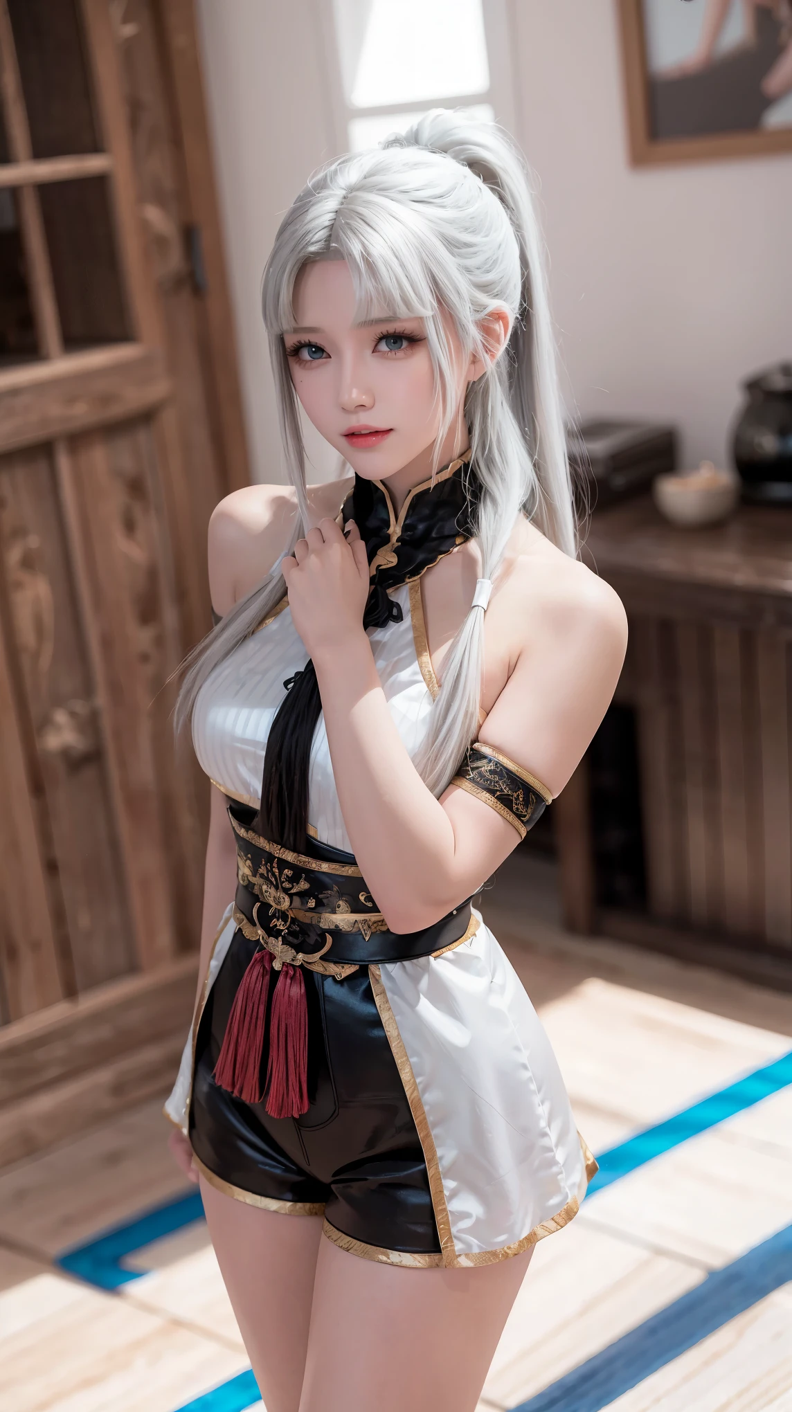 Walnut,vampire,assassin,charming,Mature,Sexy,thin,Qi bangs,long hair,天線Bangs,double tail,高double tail,Bangs cover one eye,frightened,angry,Smile,blush,red nose,drunk,eyes straight,exquisite eyes,red lips,perfect face,Cross your arms across your chest,暗Black皮肤,dynamic poses,fighting stance,near,school swimsuit,damaged clothing,Cloak,leather skirt,Black,,Spandex gloss,Laser reflective material,Detail background,气泡angry,bubble blush,heart-shaped,notes,Q version,official art,lifelike,movie angle,Dynamic angle,Horizontal viewing angle,depth of field,movie lighting,colorful,PBR rendering+UE pull,32k,High resolution,high quality,beautiful wallpaper,a white hair、Close-up of woman wearing white mask, beautiful figure painting, guweiz, Gurwitz style artwork, White-haired God, author：Yang Jie, Epic and beautiful character art, Stunning character art, author：FAN Qi, by Wuzhun Shifan, pixiv art station street guweiz, single ponytail, insult, high ponytail, tall figure, long legs, (sleeveless lace shirt), (shorts), (striped )), ((striped )), Walk, elegant, dignified, feminine, beautiful curves, sweet smile, Strong sense of detail and layering, colorful, Has a unique texture, rich and colorful, Color harmony, vivid, design art, 16K, super detailed, {{illustration}}, {extremely delicate and beautiful}, {Exquisite surface treatment}, super detailed, Exquisite glowing eyes, {{movie lighting}}, Extreme light effects, Model: realism, CFG size: 12, Laura: Bright texture (1.35), high quality, masterpiece, Exquisite facial features, Delicate hair depiction, Detailed depiction of eyes, masterpiece, best quality, Ray tracing, Extremely detailed CG unified 8K wallpaper, masterpiece, best quality, (1 girl), perfect female figure, (((White tight T-shirt))), beautiful eyes, (delicate face), Black短发, hair tied up, Light blue hairpins, (White skin), (best lighting), (Super intricate details), 4K unified, (super detailed CG), Showing white legs, , hot pants, shorts,best quality, High resolution, Unique image, 1 girl，armpit, Put your arms behind your head, Bangs, bare shoulders, blue footwear, blue hair, blue leggings, braid, Chest, 棕色lift your legs, shut your mouth, bench, Cover belly button, curtain, Split collar, earrings, Eyebrow suspenders visible through hair, gradient hair, green eyes, High heel, light blush, looking at the audience, messy hair, rich and colorful hair, on bench, sitting, alone, ,lift your legs,大long legs，Black