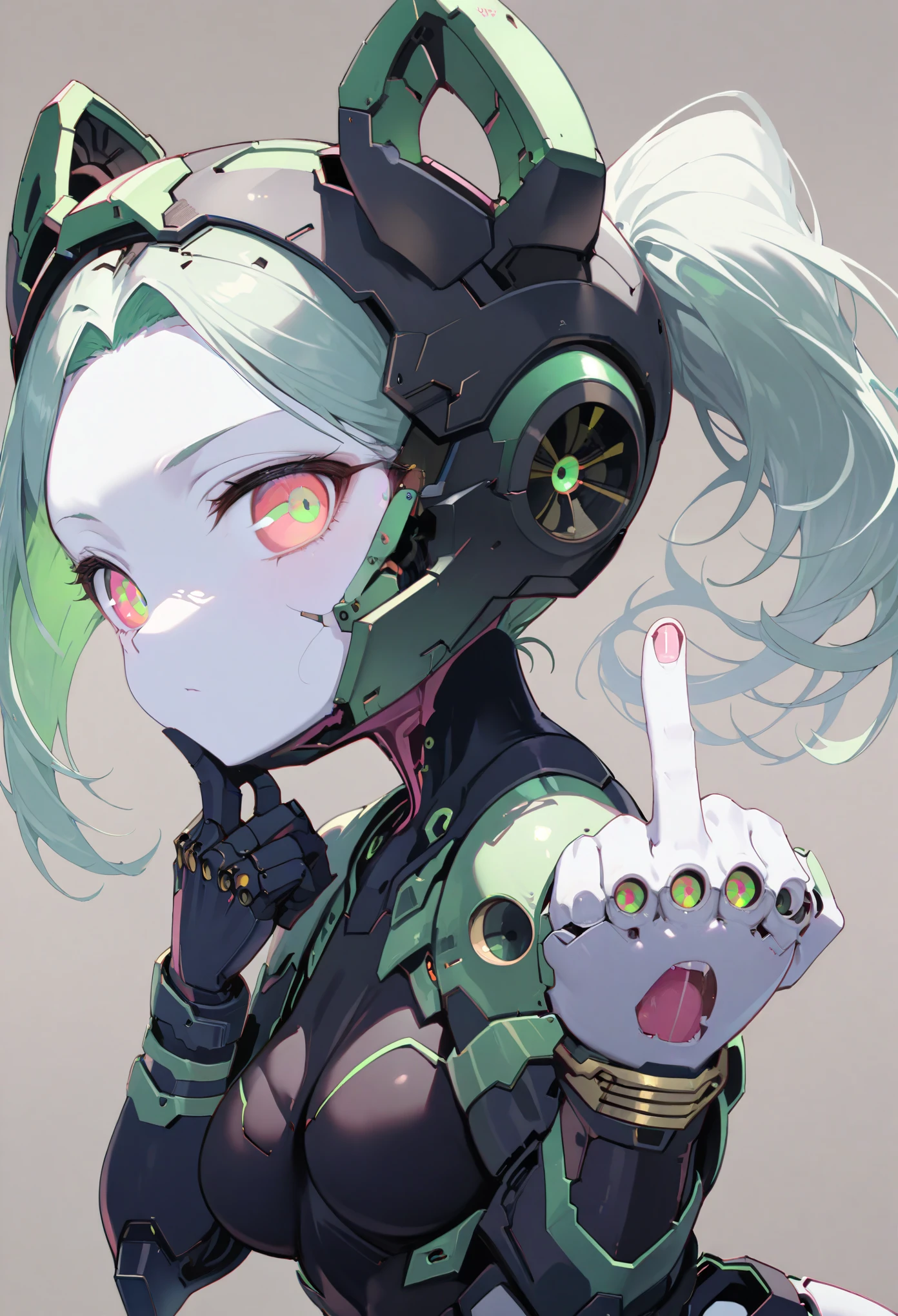 best quality: 1.1, rebecca, standing: 1.1, 1girl, solo, long hair, (green eyes:1.3), detailed green hair, green hair, pale skin, white skin, ((pink sclera:1.5, red pupiles)), perfect face symmetry, artificial eyes, mechanical eyes, well-aligned eyes, extremely detailed face, ((mechanical bodysuit, cyber helmet)), thick thighs, wide hips, round butt, detailed buttocks, detailed boots on feet  BREAK finger to viewer, ((middle finger)) BREAK ((intricate details on hands, intricate detailed fingers, 5 fingers at hands)), perfect_hands, detailed nails, (full body, fight stance), perfect gun, detailed gun, holding gun, cyborg, joints, covered body, robot feet, (cinematic lighting), (simple gray background)