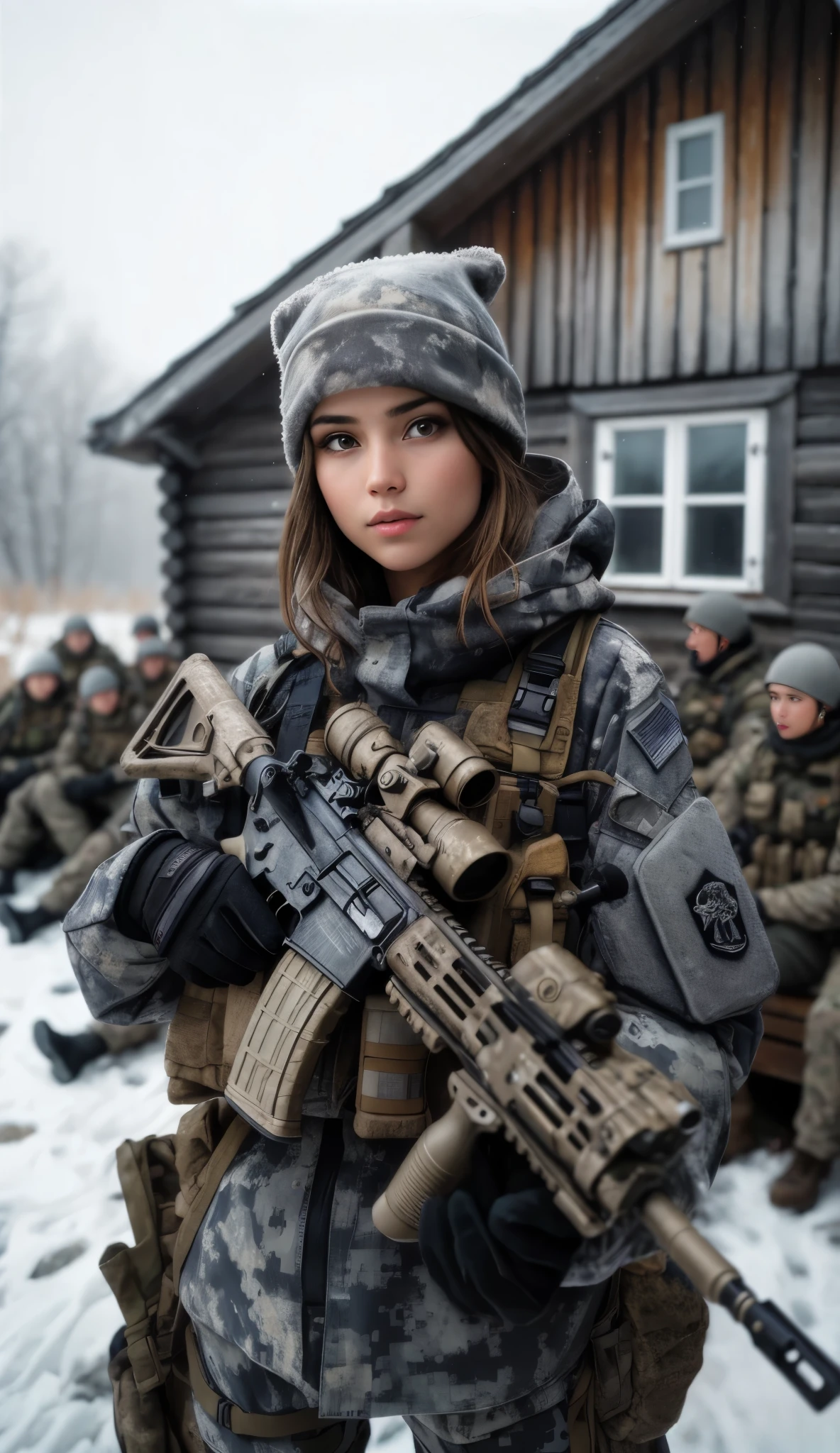 Masterpiece, a 24 years old French female junior officer in camouflage holding a rifle in front of a group of soldiers, beautiful face, light brown very short hair, hazel eyes, infantry girl, beautiful female soldier, of a sniper girl in war, soldier girl, realistic soldiers, military girl, mechanized soldier girl, with rifle, anna nikonova aka newmilky, ready for combat, dressed in tactical armor, portrait of soldier girl, infantry girls, 16K, ultra high res.photorealistic, UHD, RAW