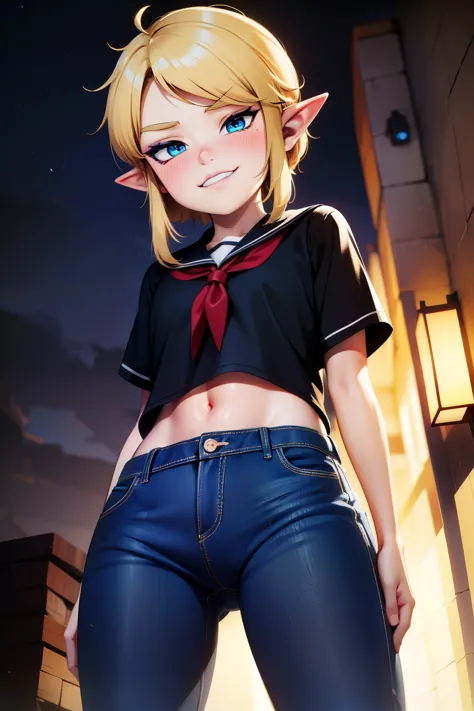 linkxl,thin,tall,blonde hair,pointy ears,blue eyes,black lips,eye shadow,blush,makeup,(mean:1.1),smirk,school outfit,navel,jeans...