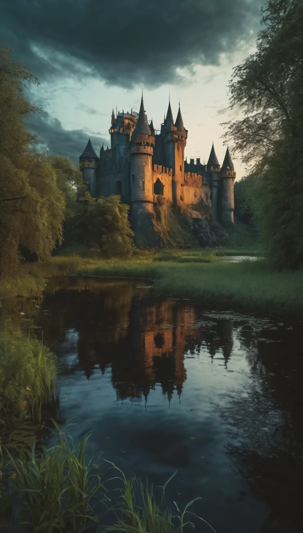 Realistic paint, dark fantasy style, royal pond, pond near castle, evening pond, villain's castle, anti-hero's castle, dark walls, wild pound, dark atmosphere, hdr, raw photo, 8k, detailed