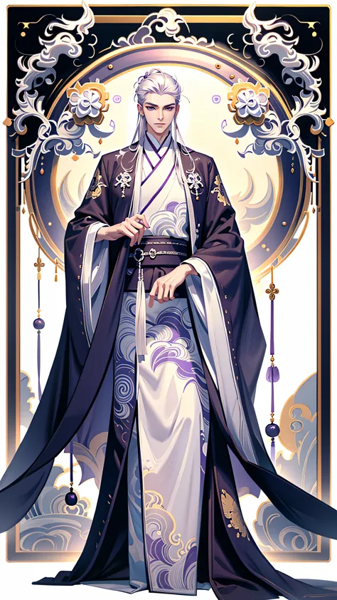 （masterpiece，best quality）， solo，1 person，A handsome man with white hair slicked back, Wearing purple and white clothes, White-h...