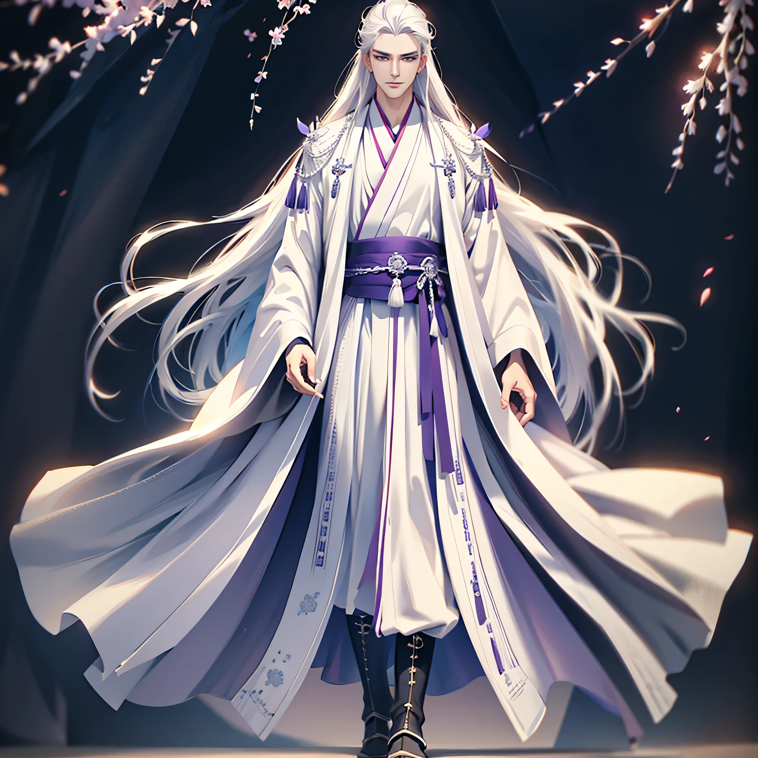 （masterpiece，best quality）， solo，1 person，A handsome man with white hair slicked back, wearing white clothes, White-haired God, Backcombed bun, white hanfu, beautiful figure painting, long white hair, Elegant purple and white robe,  Gray-haired, flowing white hair, flowing hair and gown, Detail of long white hair，boy wearing hanfu，Ice storms