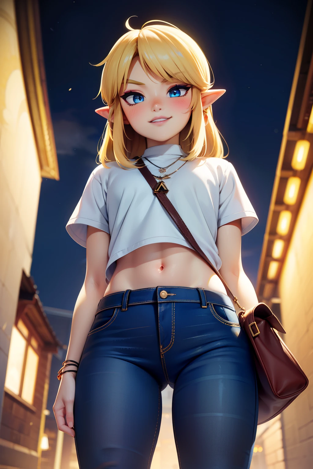 divine light,linkxl,thin,tall,blonde hair,pointy ears,blue eyes,black lips,eye shadow,blush,makeup,(confident and mean:1.1),smile,luxurious necklaces,school outfit,navel,jeans,triforce purse handbag, standing, night, solo, outdoors, from below,