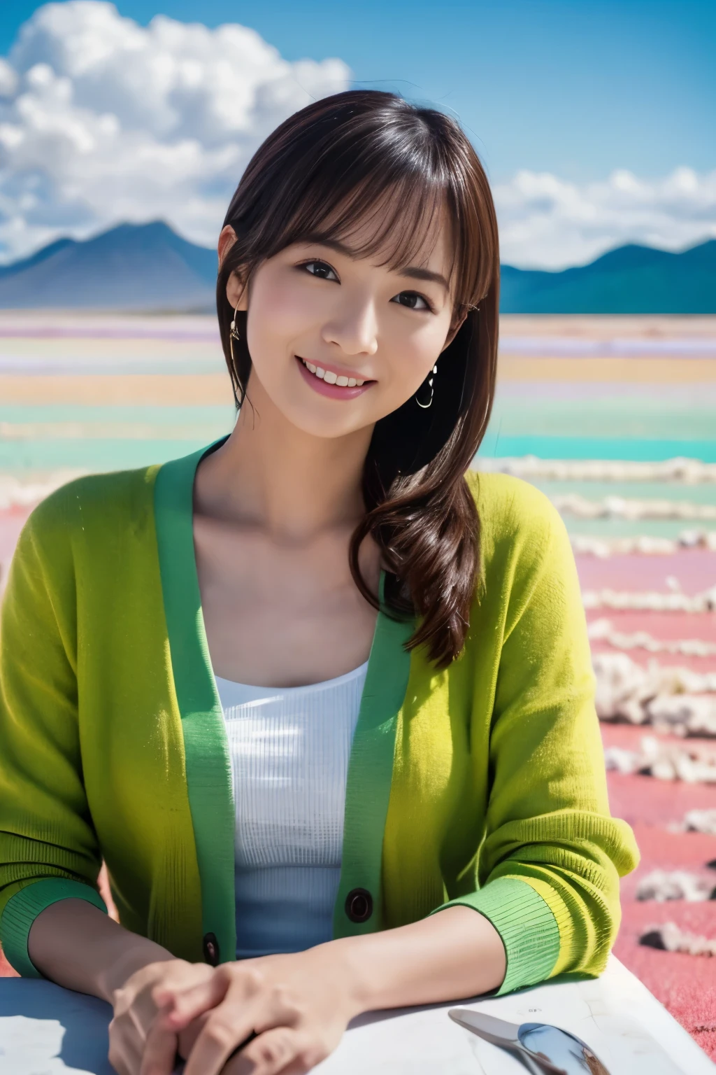 1 girl, (Wearing a bright green cardigan:1.2), very beautiful japanese actress,
(Raw photo, highest quality), (realistic, Photoreal:1.4), table top, 
very delicate and beautiful, very detailed, 2k wallpaper, wonderful, 
finely, very detailed CG Unity 8K 壁紙, Super detailed, High resolution, soft light, 
beautiful detailed girl, very detailed目と顔, beautifully detailed nose, finely beautiful eyes, cinematic lighting, 
(Commemorative photo at Salar de Uyuni:1.4), 
complete anatomy, slender body, small, smile,
pan focus