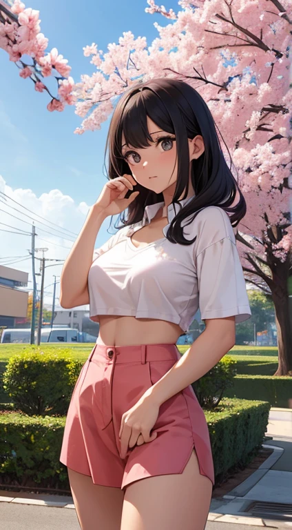 (work of art), best qualityer, ultra detali, illustration, 1 girl, whole body, distant shot, milf maduro, expressive eyes, face perfect, (deep decolte:0.7), (((casual clothes, plain white shirt, pink skirt, へそ,))), standing, contraposed, japanese industrial city, sakura tree flower, spring season, Sky, Depth of field