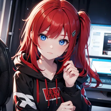 red hair, blue eyes, gamer girl, black hoddie