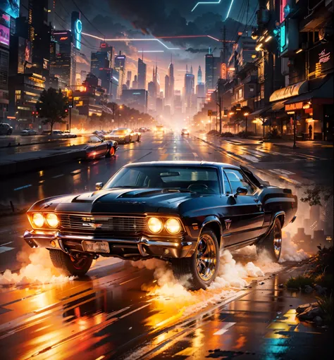 A super muscle car Chevy with burning tyres Sci fi style headlights on in the foreground, in the background is a sci fi city wit...