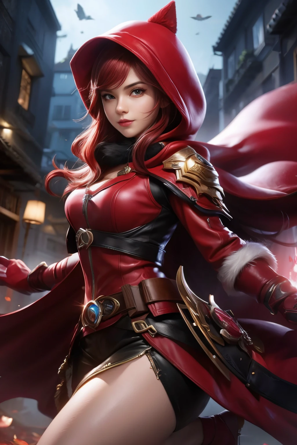 (high quality), (masterpiece), (detailed), 8K Hyper-realistic portrayal of Ruby, The Little Red Hood, in a futuristic setting, showcasing intricate details and lifelike precision in her depiction as a Japanese girl character.