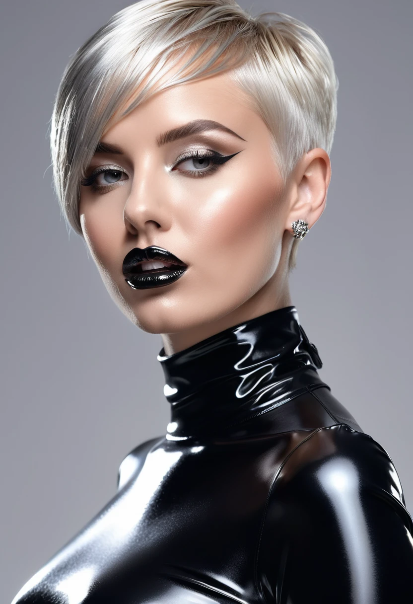 professional close-up photo of a woman in a black shiny latex dress, short platinum-blonde pixie-haircut, with perfect facial features, strahlenden Augen und sinnlichen Lippen , wearing overknee boots with highheals. extravagant make-up, nose piercing, large silver earring. hyperrealism, shot on Canon EOS 5D Mark IV, detailed face, detailed hair, high quality, masterpiece, intricate details, high quality