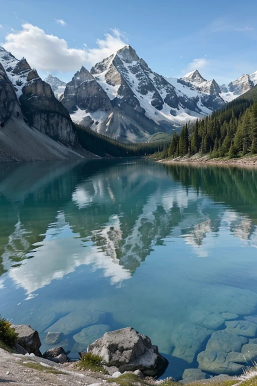 Un magnifique paysage de montagne avec un lac turquoise au lever du soleil.